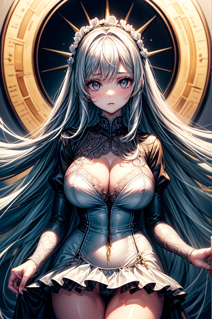 ((highest quality)),(ultra high resolution),(Super detailed), (best work of art), (1 young girl:1.5), beautiful and well-shaped face:1.5,(Beautiful skin with precise and detailed depiction:1.6),(frilly dress shirt and frilly A-line skirt ),gorgeous, masterpiece, best quality, high-resolution, finely detailed, extremely detailed and beautiful, distinct-image, hourglass figure, 1 girl, 21 year old, soft and beautiful facial features. symmetrical face, golden innocent doe shaped eyes, E-cup breasts, tall height(183cm), slim and curvy body, athletic and flexible physique. long straight snow-white hair, narrow waist, long legs, plump thighs, Gothic bedroom background, snow-white skin