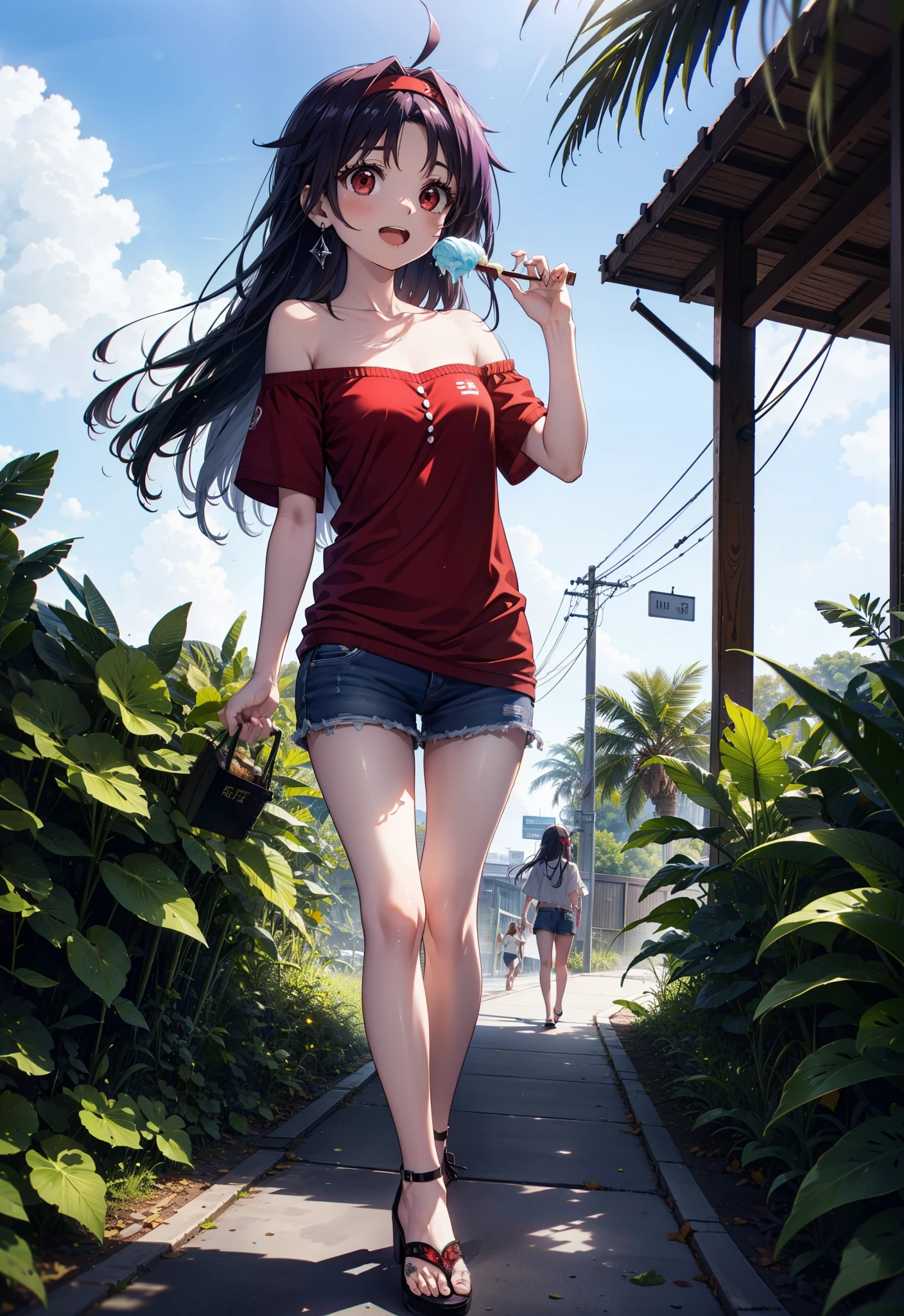 yuukikonno, Yuuki Konno, , Long Hair, Pointed Ears, Purple Hair, Ahoge,(Red eyes:1.5), (Small breasts:1.2), hair band,Oversized one-shoulder shirt,Short sleeve,Shorts,Heeled Sandals,Walking,Daytime,Clear skies,Holding and eating ice cream with both hands,happy smile,smile, Open your mouth,whole bodyがイラストに入るように,Palm tree,
break looking at viewer, whole body,
break outdoors, tropical,In town,
break (masterpiece:1.2), Highest quality, High resolution, unity 8k wallpaper, (figure:0.8), (Beautiful attention to detail:1.6), Highly detailed face, Perfect lighting, Highly detailed CG, (Perfect hands, Perfect Anatomy),