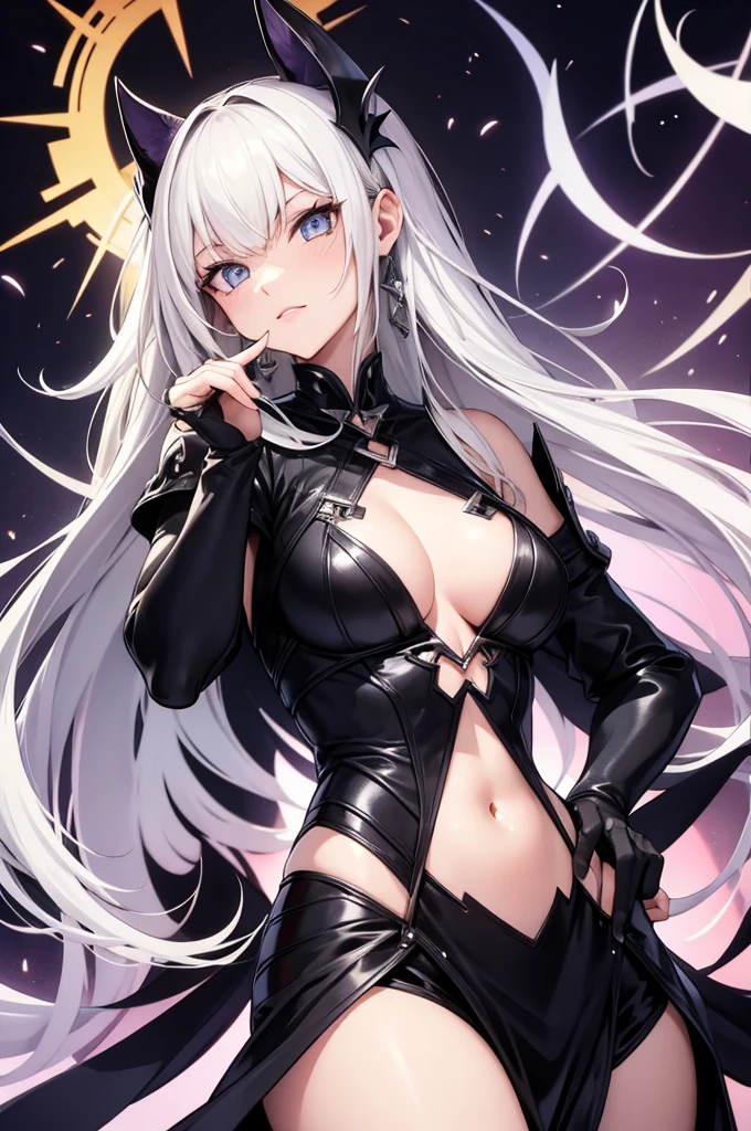 masterpiece, high quality, 4K, HDR,, A female knight wearing an armored dress BREAK Black halo above head, black horns on head, black dragon tail growing, large black wings on back BREAK Silver hair in an updo hairstyle with blunt bangs, long hair, disgruntled expression, crimson eyes, narrowed eyes, sharp teeth, slightly pointed ears, slightly open mouth BREAK Athletic, toned body, medium breasts BREAK Standing in a dramatic pose against a dark, ominous background