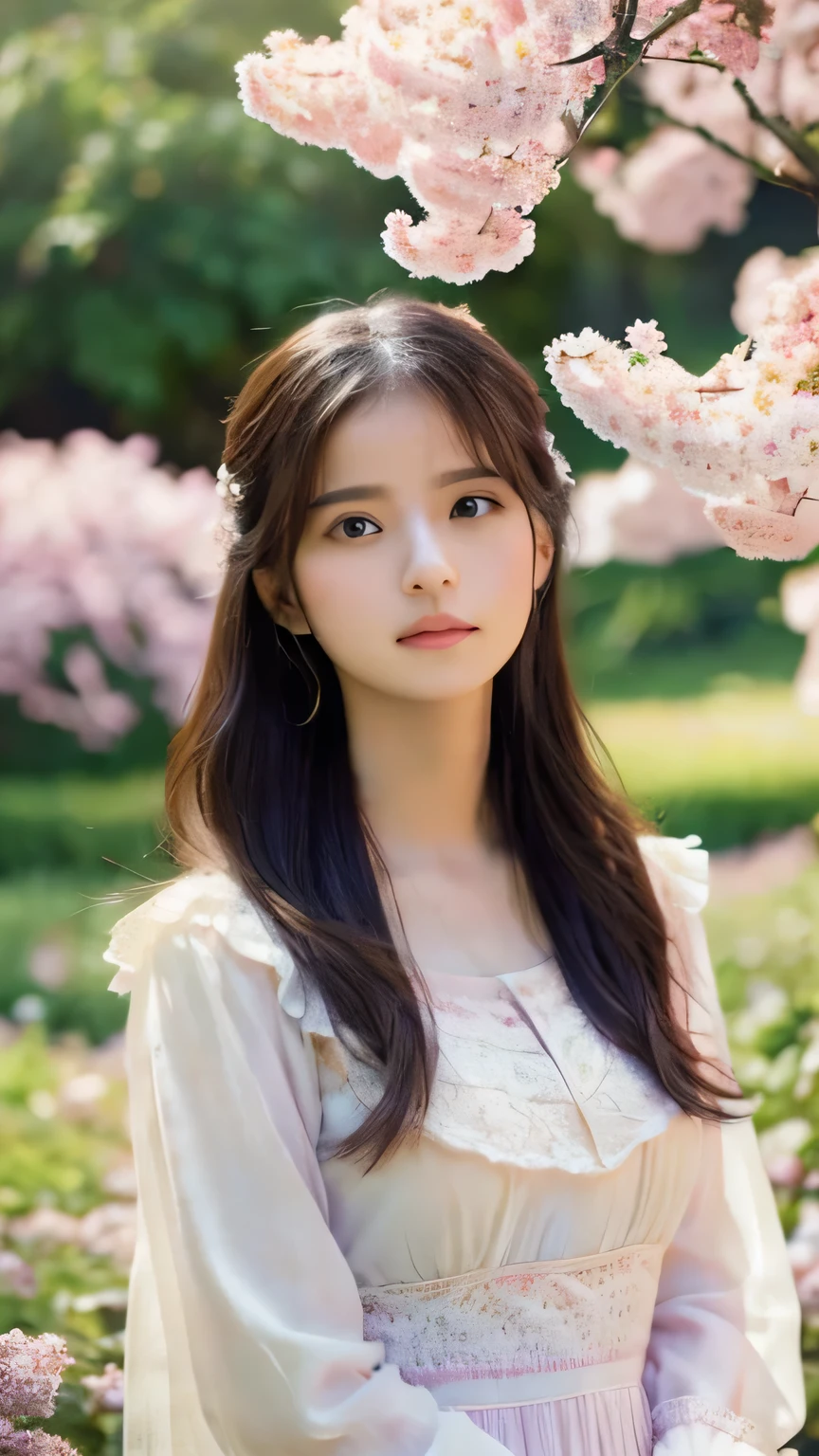 Highest quality,4K,8k,High resolution,masterpiece:1.2,Very detailed,Realistic:1.37,Portraiture,Soft colors,Gentle light,A girl exuding fatigue,Long flowing hair,Delicate features,Deeply contemplative eyes,White skin,Happy expression,Vintage Settings,Soft pastel colors,Great atmosphere,Vintage clothing and accessories,Subtle brushwork,Dreamlike composition,Gazing into the distance,Quiet Garden,Delicate flowers,Romantic atmosphere,Impressionist Background,Calm colors,Soft Shadows、Cherry-blossom viewing、Ample breasts、Please take only one photo、Sitting Girl、wear 、