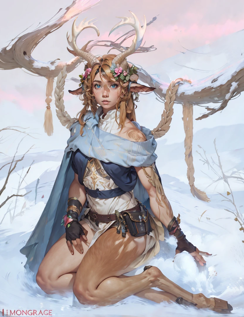 Faun female, goat legs, long hair, standing, thick girl, long black hair, tan skin, muscle, dress 3D Rendering,