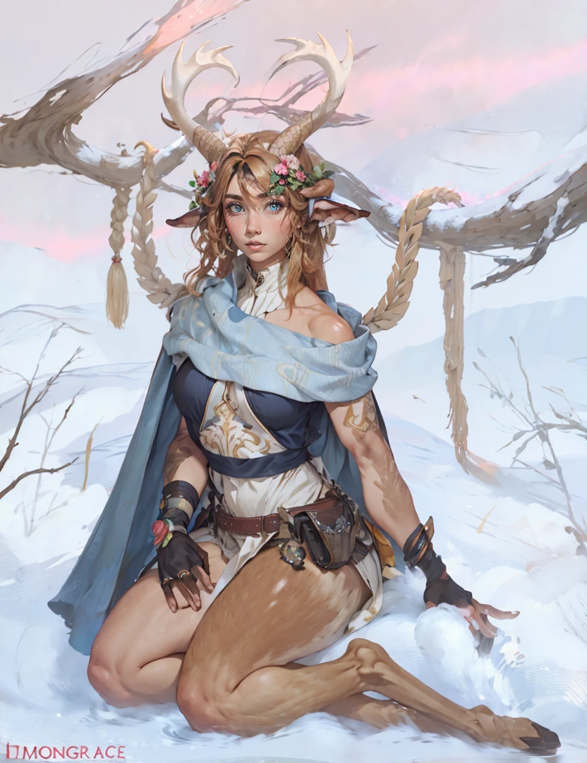 Faun female, goat legs, long hair, standing, thick girl, long black hair, tan skin, muscle, dress 3D Rendering,