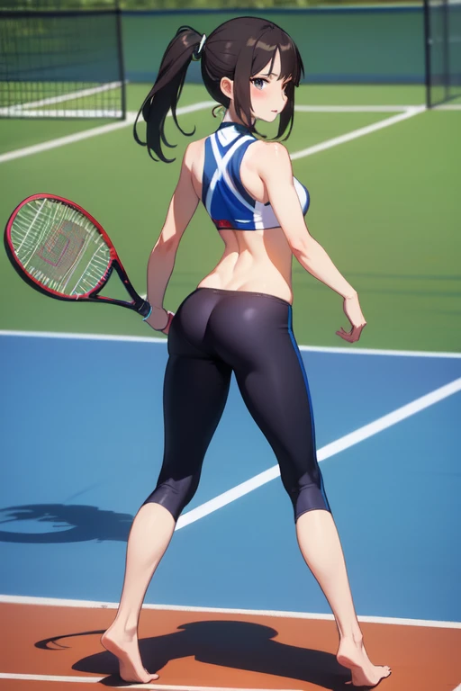 Anime girl with tight ripped leggings turning her back and barefoot without tennis shoes or socks