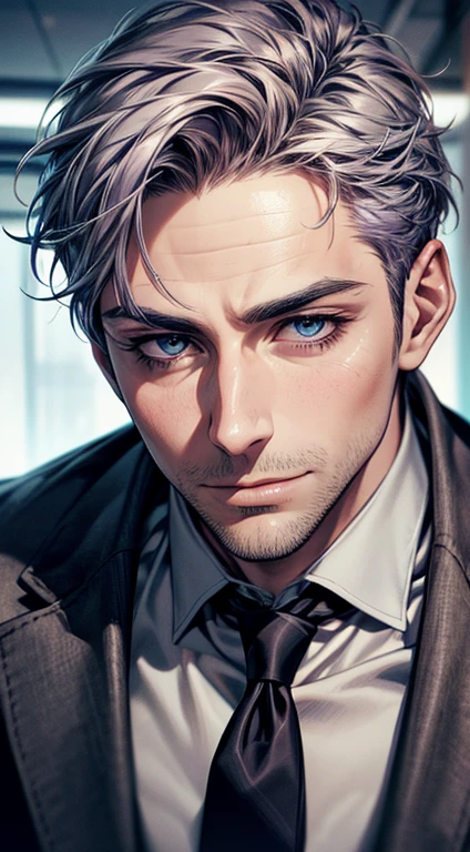 (best quality,4k,8k,highres,masterpiece:1.2),ultra-detailed,(realistic,photorealistic,photo-realistic:1.37),1 man,31 years old,mature man,very handsome,without expression,smile,short grey purple hair,blue eyes,penetrating gaze,perfect face without errors,imposing posture,businessman,office background,cinematic lighting,hdr image