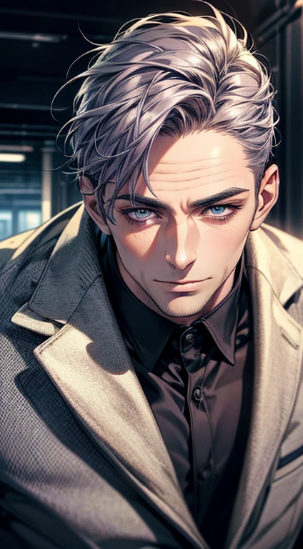 (best quality,4k,8k,highres,masterpiece:1.2),ultra-detailed,(realistic,photorealistic,photo-realistic:1.37),1 man,31 years old, man,very handsome,without expression,smile,short grey purple hair,blue eyes,penetrating gaze,perfect face without errors,imposing posture,businessman,office background,cinematic lighting,hdr image