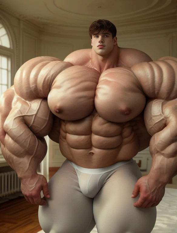 1boy, giant, alone, giant bodybuilder, illuminating light, strong body, bulk, large size, standing in white decoration room, indoor, nude, white triangular underwear, thick bulge, scratch his bulge, extraordinary big, brutalmass, giant muscular body, bulk, buff, massive body, large meaty body size, extremely wide body, hairy body