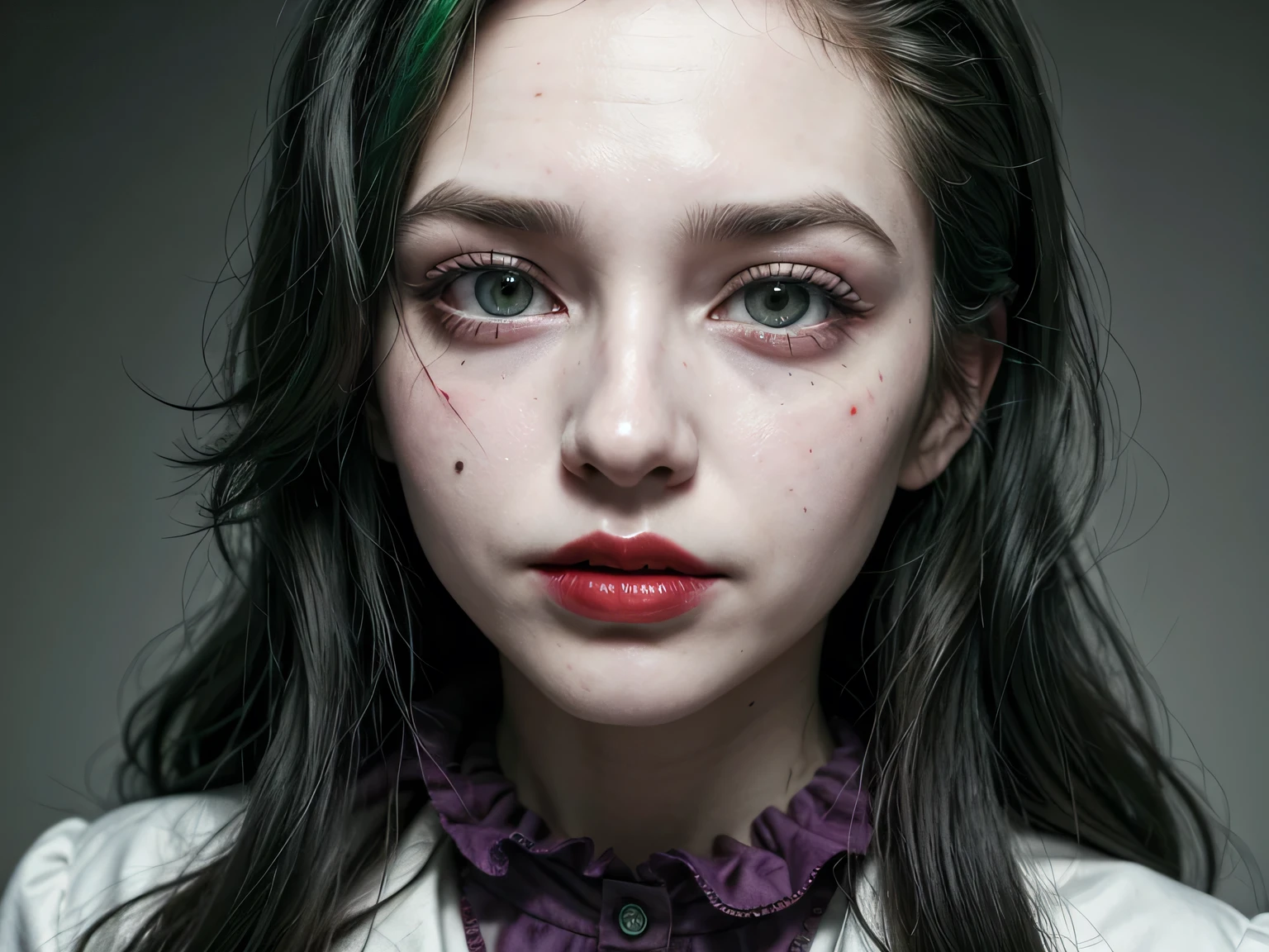 ((Best Quality)), ((masterpiece)), (detailed), 1 girl dressed as the joker, crazy face, delicate face, Long hair, JOKER, COSPLAY JOKER, THE GUASON, JOKER COSPLAY, green hair, Red lips, psychopath