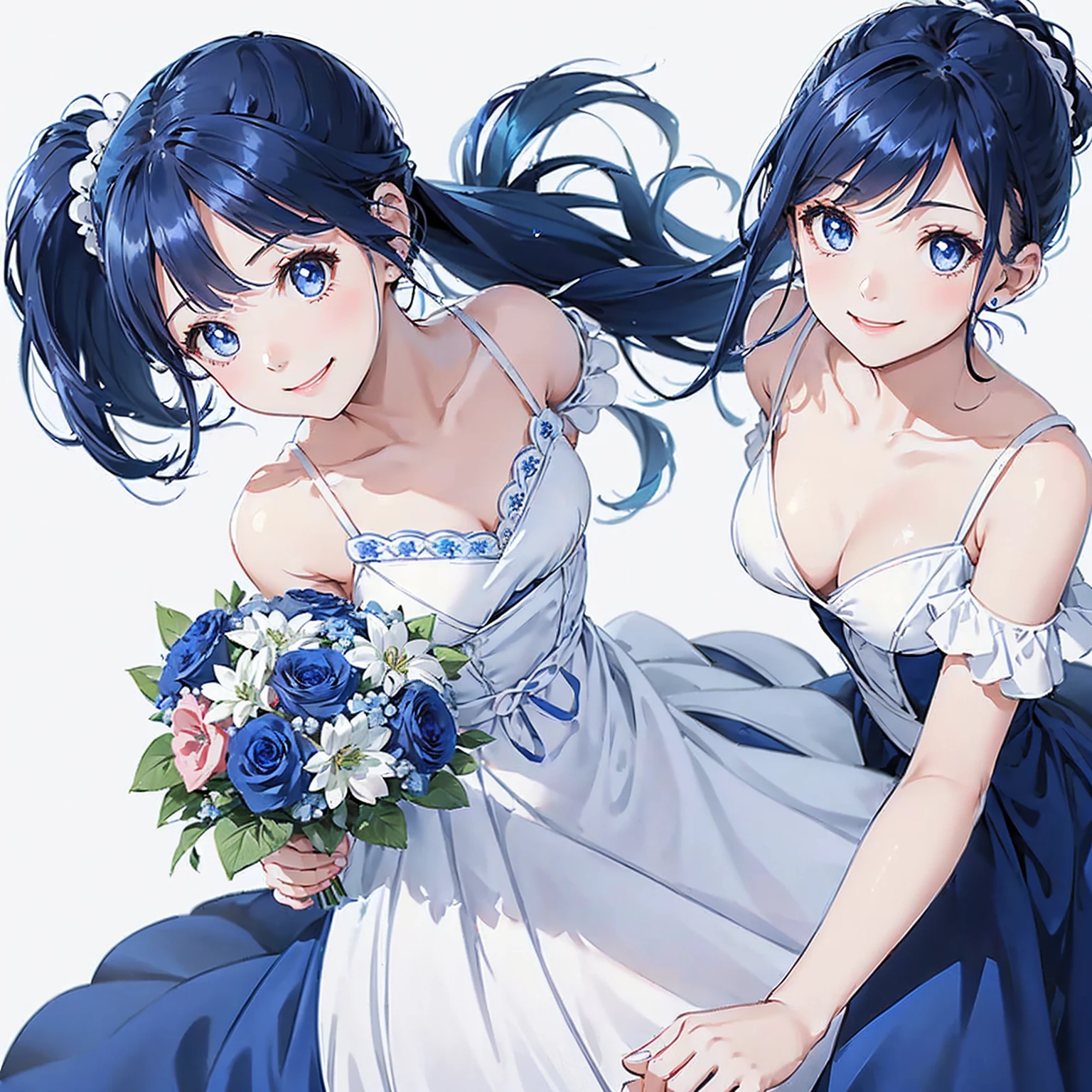 (Blue bouquet、A girl with dark blue hair、Evening Dresses、High knot ponytail、Happy smile)、(Simple Background、White background:1.6)
