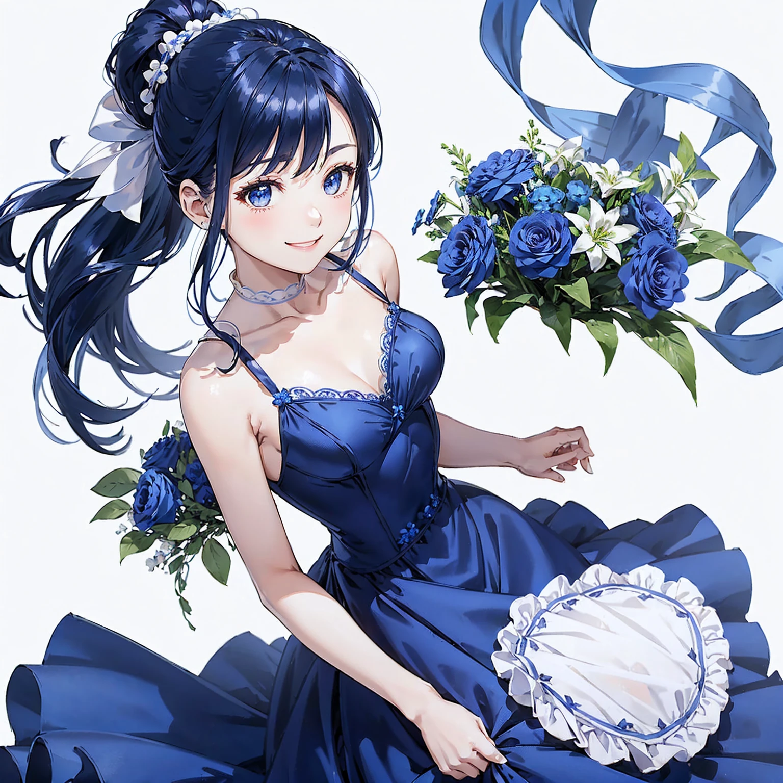 (Blue bouquet、A girl with dark blue hair、Evening Dresses、High knot ponytail、Happy smile)、(Simple Background、White background:1.6)