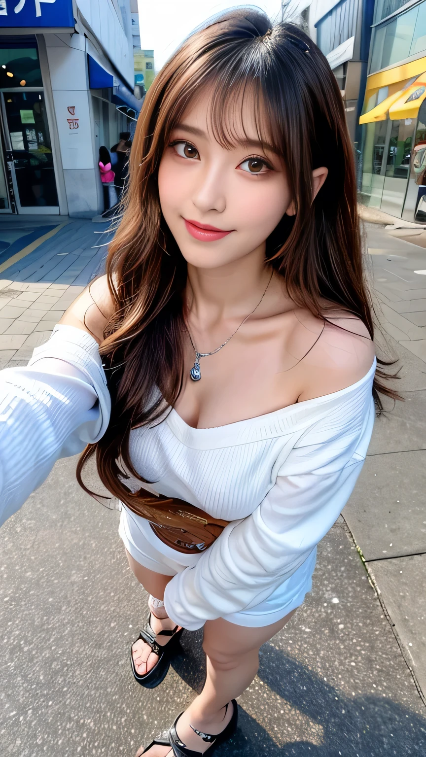 seed;88117315,((Full Body Angle))、((Front hair:1.3))、((Highest quality, 8k, masterpiece: 1.3)), concentrated: 1.2, Cute girl 1,Nipples erect、 Perfect beauty: 1.4,Summer off-the-shoulder cropped T-shirt、Letter Print、Shorts: 1.2,Long sleeve、Randall Color、comics＆Text Graphics、Black ruffle-trimmed drawstring zip blouse,1.1, Highly detailed face and skin textures, Fine grain, double eyelid, whitening skin, ,Highest quality,Ultra-high resolution,you,1 girl,alone,_Shiny_skin,Iris,necklace,((brown_length_Wavy_hair)),(lips)),eyelash,Front hair,deal with,compensate,Shiny,pore,skin,Large Breasts、((smiling face))、stroll、Selfie、