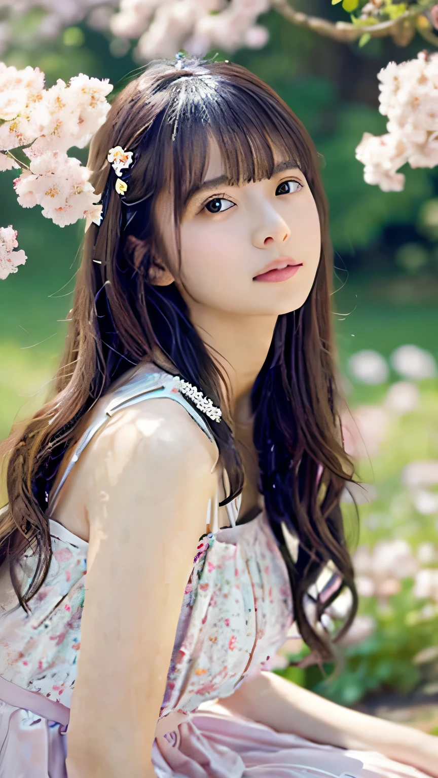 Highest quality,4K,8k,High resolution,masterpiece:1.2,Very detailed,Realistic:1.37,Portraiture,Soft colors,Gentle light,A girl exuding fatigue,Long flowing hair,Delicate features,Deeply contemplative eyes,White skin,Happy expression,Vintage Settings,Soft pastel colors,Great atmosphere,Vintage clothing and accessories,Subtle brushwork,Dreamlike composition,Gazing into the distance,Quiet Garden,Delicate flowers,Romantic atmosphere,Impressionist Background,Calm colors,Soft Shadows、Cherry-blossom viewing、Ample breasts、Please take only one photo、Sitting Girl、wear 、