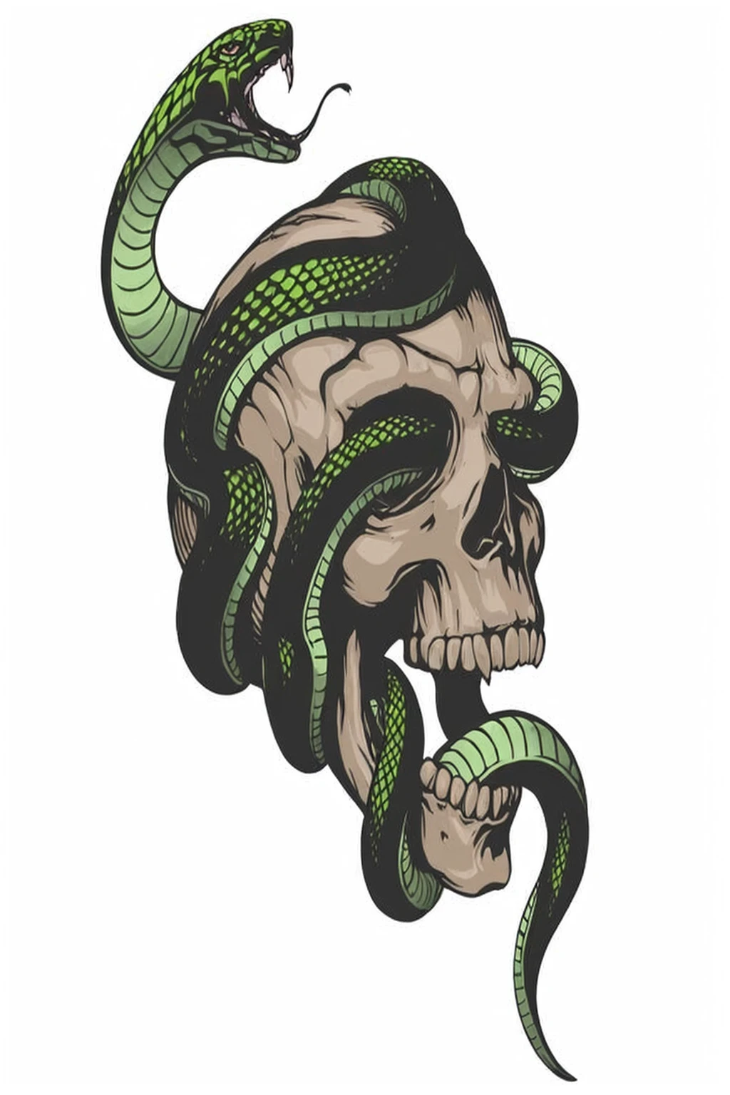 a skull with a snake on its head and a snake in its mouth, Snake heads, Snake head, com Snake head, mixed with snake, com snakes for hair, snake is surrounding them, colorful illustration for tattoo, snakes for hair, highly detailed snakes, snakes in hair, scary detailed art in color, green snakes, snake skeleton, snake art