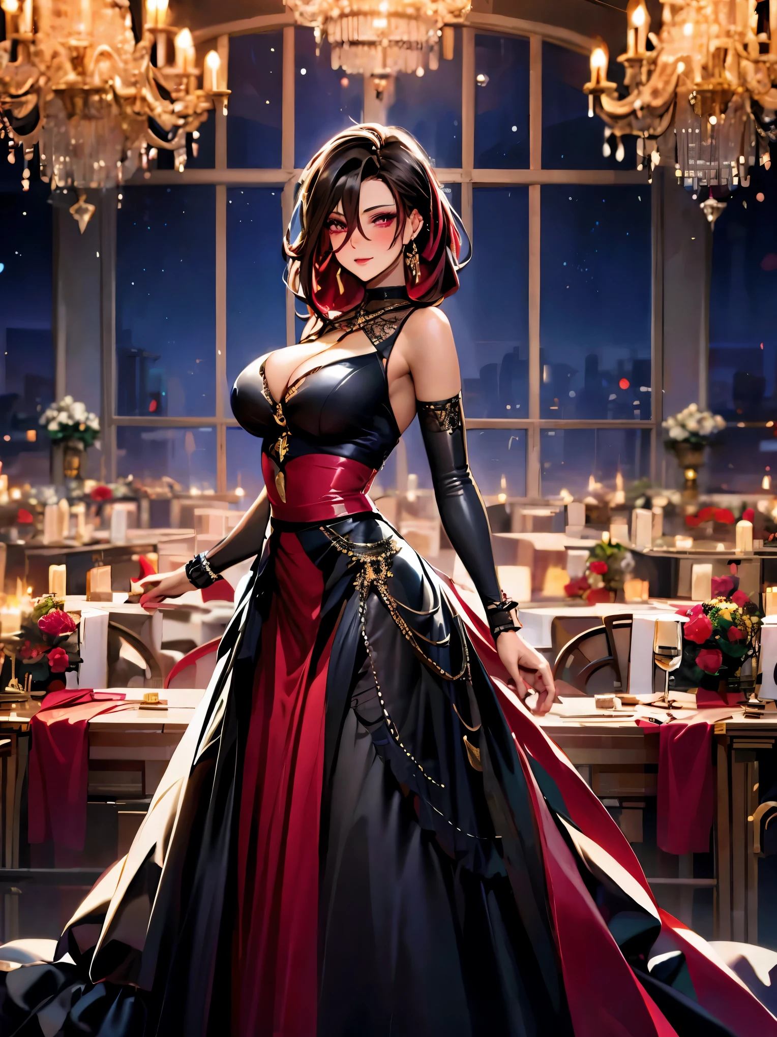 mature woman, 1 girl, alone, (masterpiece, best quality, very detailed), sharp focus, detailed face, face focus, focus on face, very detailed eyes, long black cyclamen hair, (cyclamen highlights: 1, 3), braid, side down braid, cyclamen red eyes, (sparkling eyes: 1.2), long eyelashes, (strong blush: 1.2), subtle makeup, ((red ball gown, long skirt, cleavage)), Crusader earrings, ear piercing, film lighting , edge lightning, shading, dynamic angle, sharp image, perfect quality, perfectly crafted background, beautiful warm lights, sexy, dancer, ballroom, castle, dancing in ballroom, Crystal chandelier,