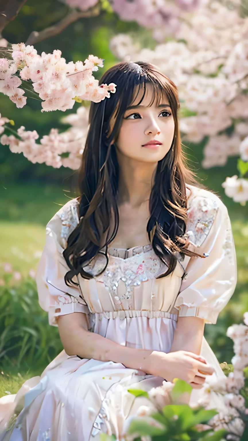 Highest quality,4K,8k,High resolution,masterpiece:1.2,Very detailed,Realistic:1.37,Portraiture,Soft colors,Gentle light,A girl exuding fatigue,Long flowing hair,Delicate features,Deeply contemplative eyes,White skin,Happy expression,Vintage Settings,Soft pastel colors,Great atmosphere,Vintage clothing and accessories,Subtle brushwork,Dreamlike composition,Gazing into the distance,Quiet Garden,Delicate flowers,Romantic atmosphere,Impressionist Background,Calm colors,Soft Shadows、Cherry-blossom viewing、Ample breasts、Please take only one photo、Sitting Girl、wear 、