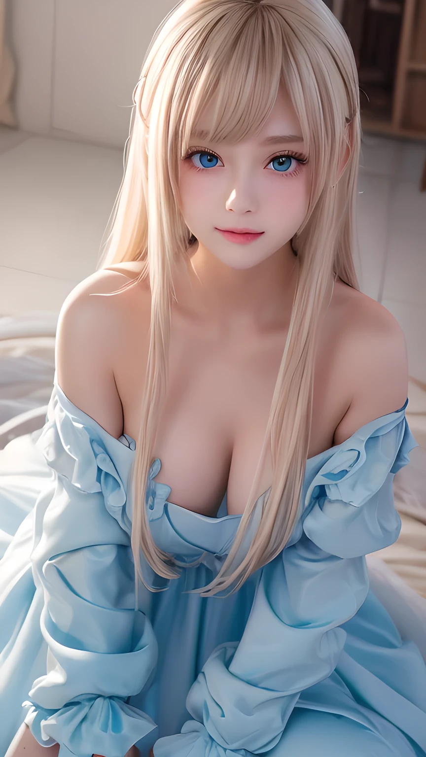 The pieces fly, Highest quality, figure, Very detailed, The finer details, High resolution, 8K Dende wallpaper, Perfect dynamic composition, Detailed and beautiful eyes, dress, Super long platinum blonde straight silky hair,Bangs that flow between the eyes、 Blonde hair above the chest, Natural color lip, Random sexy poses,A shy smile,Beautiful 15 year old girl,Cute type、Her big, bright cream ice blue eyes shine beautifully.、Very big eyes、Cheek highlighter、Very white and beautiful skin、Glowing Skin、Small Face Girl、Round face、A beautiful girl