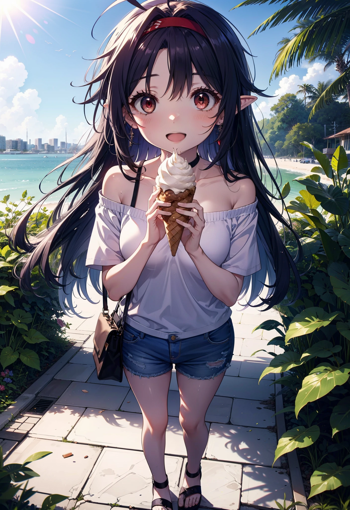 yuukikonno, Yuuki Konno, , Long Hair, Pointed Ears, Purple Hair, Ahoge,(Red eyes:1.5), (Small breasts:1.2), hair band,Oversized one-shoulder shirt,Short sleeve,Shorts,Heeled Sandals,Walking,Daytime,Clear skies,Holding and eating ice cream with both hands,happy smile,smile, Open your mouth,whole bodyがイラストに入るように,Palm tree,
break looking at viewer, whole body,
break outdoors, tropical,In town,
break (masterpiece:1.2), Highest quality, High resolution, unity 8k wallpaper, (figure:0.8), (Beautiful attention to detail:1.6), Highly detailed face, Perfect lighting, Highly detailed CG, (Perfect hands, Perfect Anatomy),