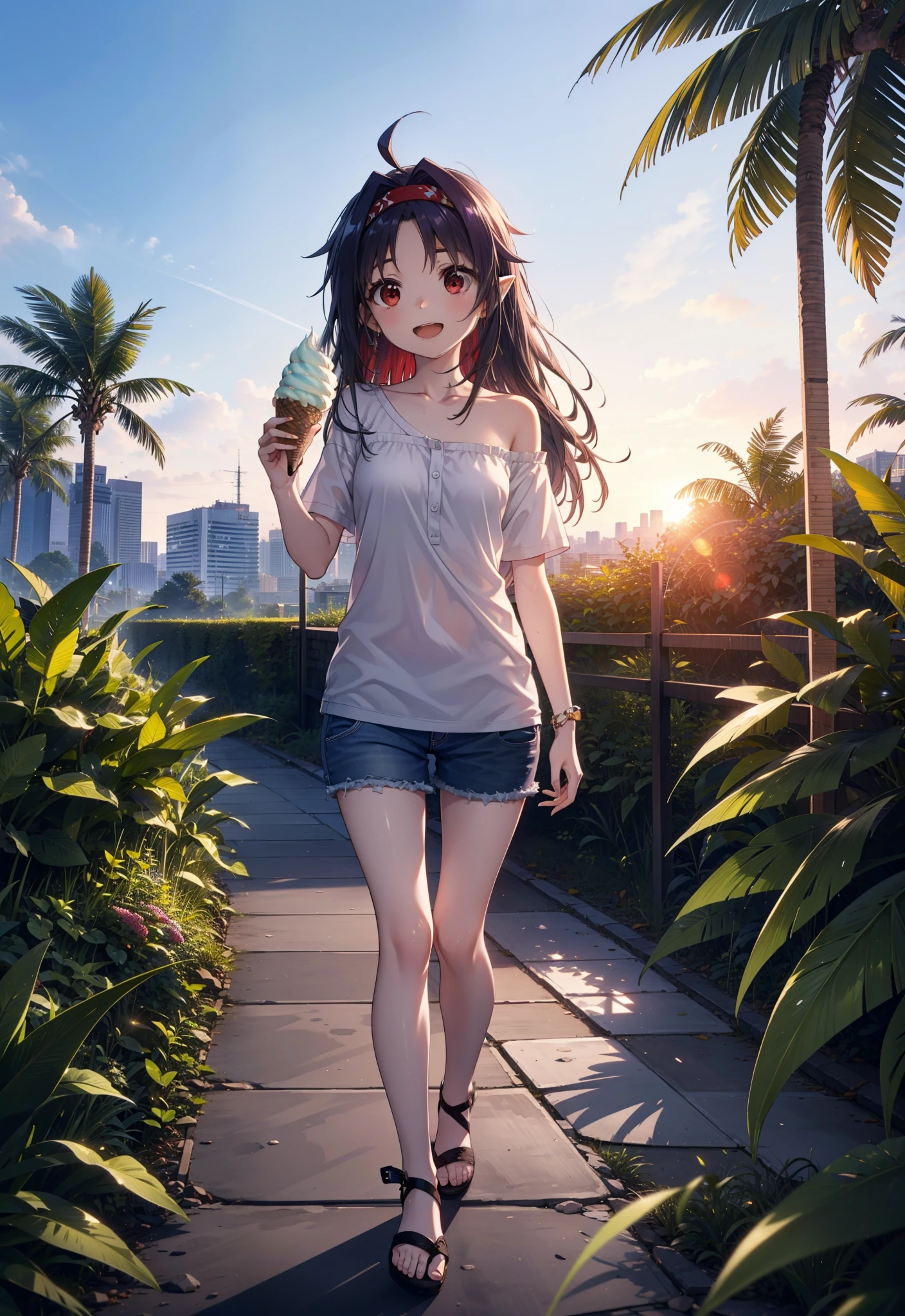 yuukikonno, Yuuki Konno, , Long Hair, Pointed Ears, Purple Hair, Ahoge,(Red eyes:1.5), (Small breasts:1.2), hair band,Oversized one-shoulder shirt,Short sleeve,Shorts,Heeled Sandals,Walking,Daytime,Clear skies,Holding and eating ice cream with both hands,happy smile,smile, Open your mouth,whole bodyがイラストに入るように,Palm tree,
break looking at viewer, whole body,
break outdoors, tropical,In town,
break (masterpiece:1.2), Highest quality, High resolution, unity 8k wallpaper, (figure:0.8), (Beautiful attention to detail:1.6), Highly detailed face, Perfect lighting, Highly detailed CG, (Perfect hands, Perfect Anatomy),