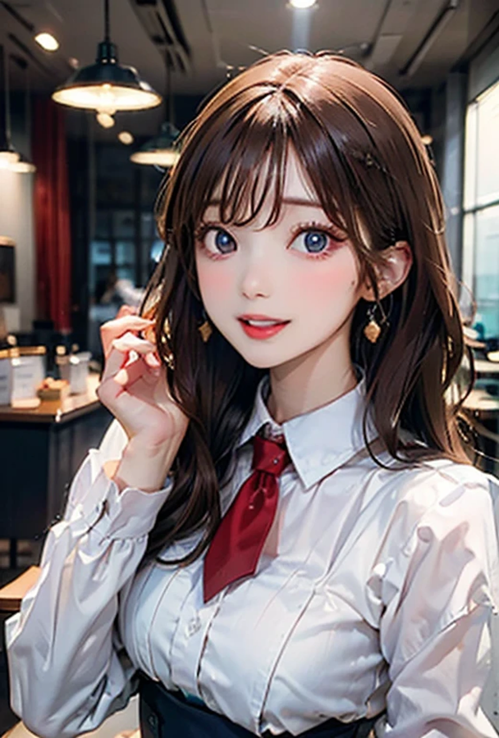 (Photorealistic:1.8, Highest quality:1.8,8K masterpiece:1.8,High resolution,Mastepiece:1.8,RAW Photos,Cinematic lighting、lighting from behind),No split screen、morning、maid Cafe、（1 Female store clerk)、(Soryu Asuka Langley)、Knee Shot、Angle from below、
（choker、Medium chest、Beautiful hair ornament、Maid clotheini skirt、Wide open chest、Beautiful thighs、Plump nipples）、Bust Shot、
(Long Hair、Beautiful, shining red, blue, white, and brown hair:1.5)、Beautiful and detailed blue eyes、Beautiful lip、Detailed correct finger、Realistic:1.3、Open mouth smiling、looks fun、holding a coffee cup、Random Pause