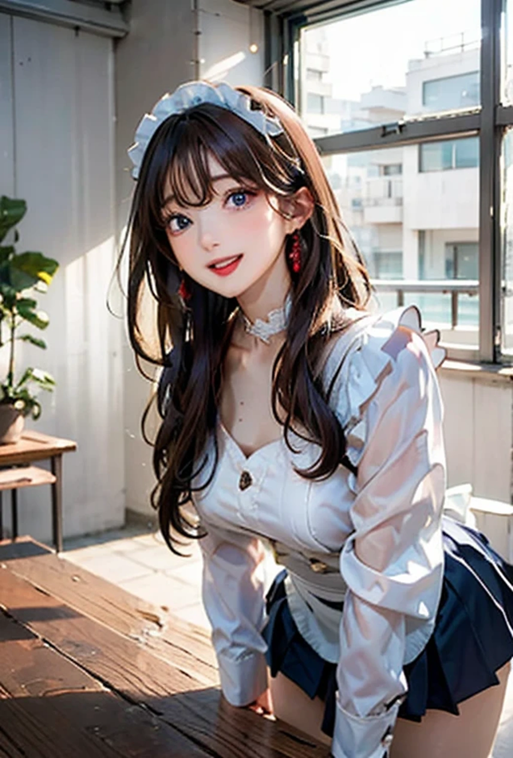 (Photorealistic:1.8, Highest quality:1.8,8K masterpiece:1.8,High resolution,Mastepiece:1.8,RAW Photos,Cinematic lighting、lighting from behind),No split screen、morning、maid Cafe、(1 Female store clerk)、(Soryu Asuka Langley)、Knee Shot、Angle from below、
(choker、Medium chest、Beautiful hair ornament、Maid clotheini skirt、Wide open chest、Beautiful thighs、Plump nipples)、Bust Shot、
(Long Hair、Beautiful, shining red, blue, white, and brown hair:1.5)、Beautiful and detailed blue eyes、Beautiful lip、Detailed correct finger、Realistic:1.3、Open mouth smiling、looks fun、holding a coffee cup、Random Pause