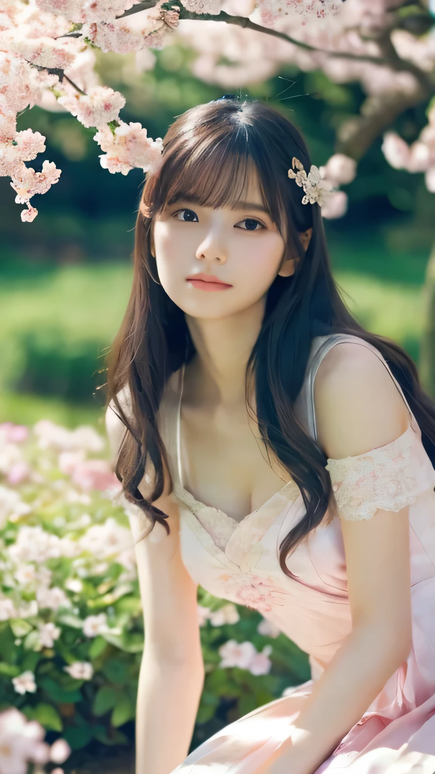 Highest quality,4K,8k,High resolution,masterpiece:1.2,Very detailed,Realistic:1.37,Portraiture,Soft colors,Gentle light,A girl exuding fatigue,Long flowing hair,Delicate features,Deeply contemplative eyes,White skin,Happy expression,Vintage Settings,Soft pastel colors,Great atmosphere,Vintage clothing and accessories,Subtle brushwork,Dreamlike composition,Gazing into the distance,Quiet Garden,Delicate flowers,Romantic atmosphere,Impressionist Background,Calm colors,Soft Shadows、Cherry-blossom viewing、Ample breasts、Please take only one photo、Sitting Girl、wear 、