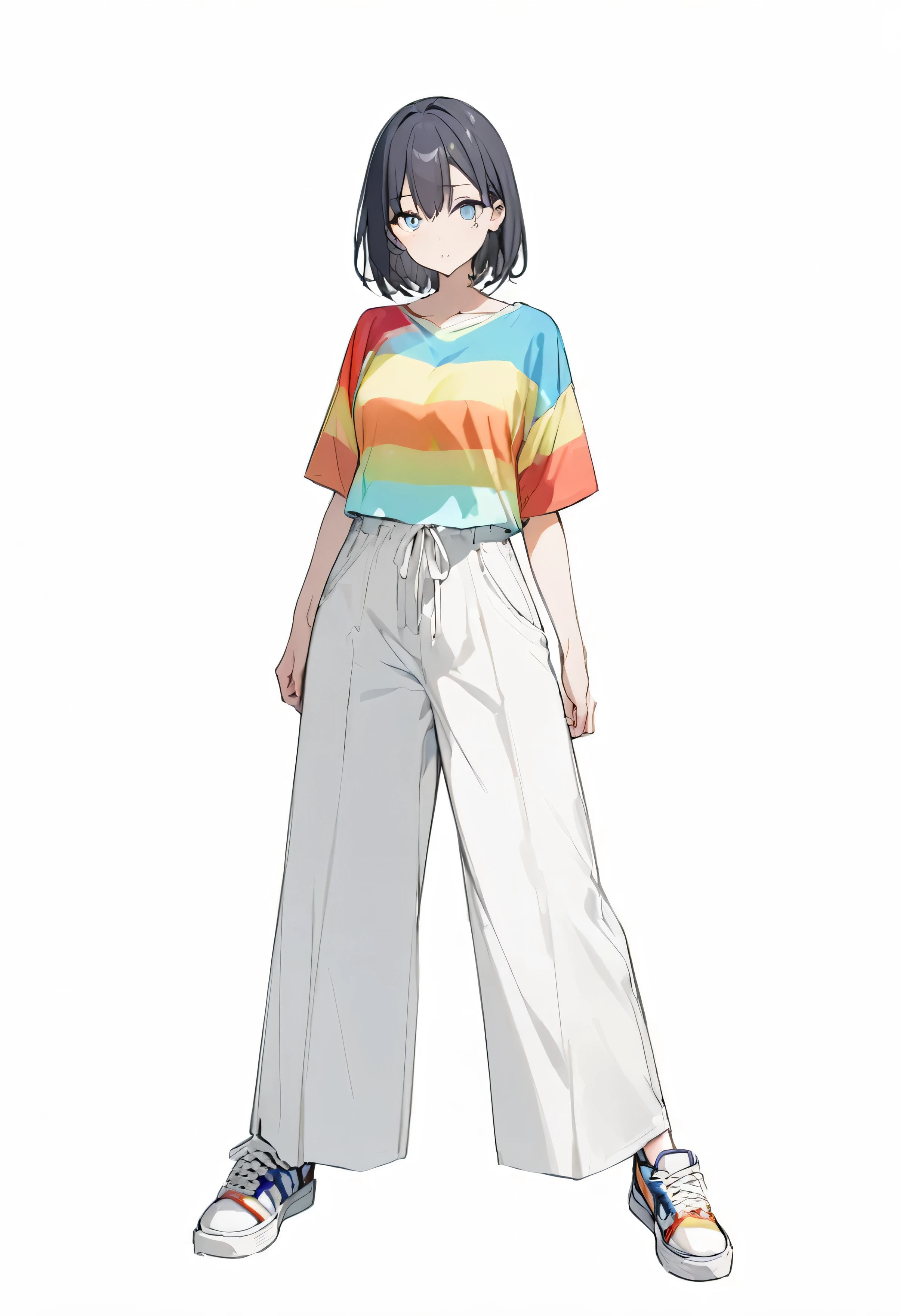 (Best、Highest Resolution:1.2、8k)、central、whole body、1 adult female、Summer color shirt、Summer color wide pants、simple sneakers、Simple Background、White background、Eyes open、Delicate eyes、Beautiful Eyes、