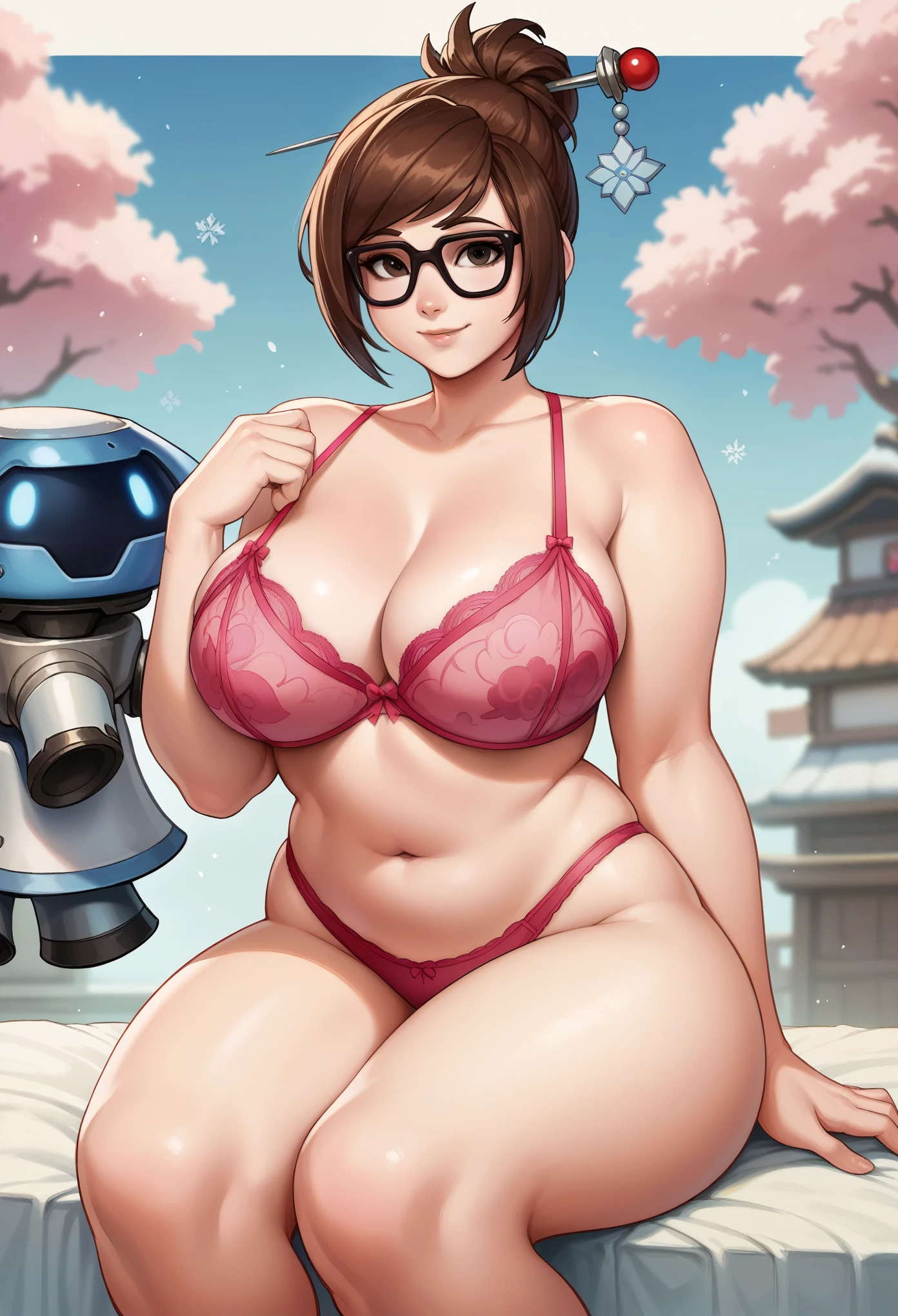 masterpiece, official art, 1girl, solo, curvy, brown hair, black eyes, glasses, mei, overwatch, closeup, portrait, huge breasts, at home, pink lace bra, pink lace panties, sitting on her knees, seiza, view from front, looking at viewer, upper body, smile, seductive, alluring attire
