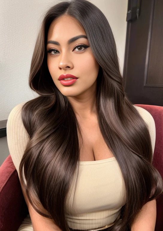 Close-up of a woman with long hair sitting on a chair, Violet Myers, 30 year old Cuban woman., the extremely hot and sexy, Beautiful Mexican woman, sexy :8, sexy look, Beautiful latin face, colombian, Instagram Template, chica sexy, Amazing beauty, thick red lips, the super hot and sexy, thick lips
