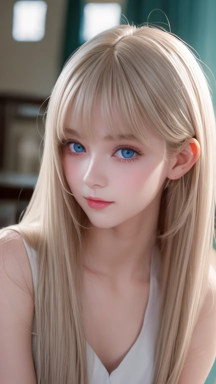 The pieces fly, Highest quality, figure, Very detailed, The finer details, High resolution, 8K Dende wallpaper, Perfect dynamic composition, Detailed and beautiful eyes, dress, Super long platinum blonde straight silky hair,Bangs that flow between the eyes、 Blonde hair above the chest, Natural color lip, Random sexy poses,A shy smile,Beautiful 15 year old girl,Cute type、Her big, bright cream ice blue eyes shine beautifully.、Very big eyes、Cheek highlighter、Very white and beautiful skin、Glowing Skin、Small Face Girl、Round face、A beautiful girl