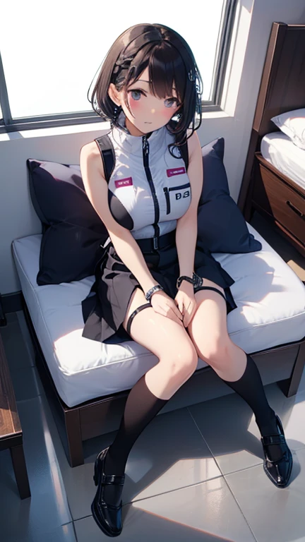 (Highest quality), (masterpiece), 1080P, High resolution, 4K, 8k, Thigh straps, Shooting from directly below, The woman on top of me, Nipples, 白いSweat, Covered , Sweat, Woman looking down, Micro Bikini, Skirt swimsuit, Thigh-high socks, To achieve this, 16 years old, Small breasts, whole body, Black leather shoes, Braided hair, Inner Color, Embarrassed face, Short black hair, bracelet, Bedroom,celestial body_Vest
