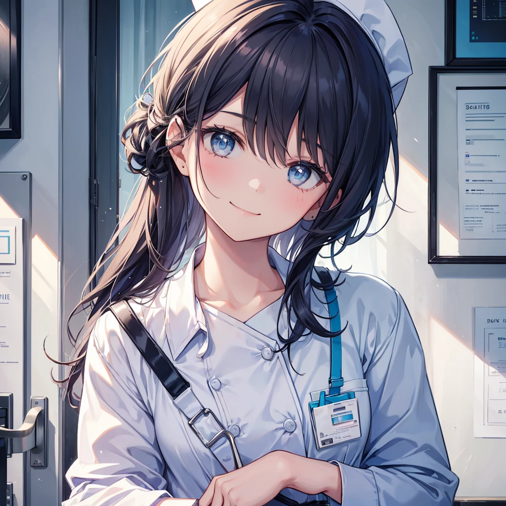 nursing aide,one girl,solo,blue or white scrubs,not wearing a hat or cap, frame it up to the top of the head, The top of my head doesn't come out of the frame,Facing forward,smile,technology