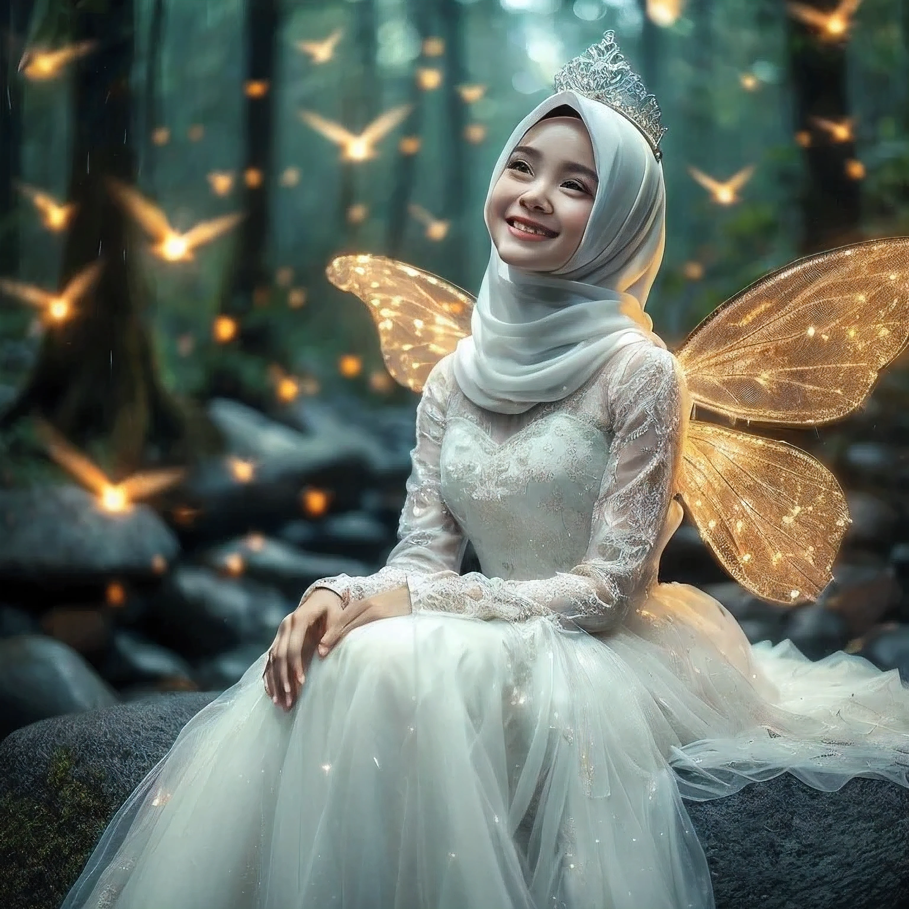 a Sundanese girl sitting on a large rock, smiling charmingly, wearing a radiant white dress, wearing a hijab, beautiful wings (very intricate detail), looking up at the sky (like seeing something), a tiara on her head, several fireflies flying around her (blurry effect on fireflies). Very beautiful forest background, Photo realistic, photography, realistic, super ultra HD 8k, looks real, looks clear, focuses on the face.