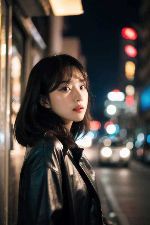 (Cinematic aesthetics:1.4) Bokeh city night photo of beautiful Korean fashion model