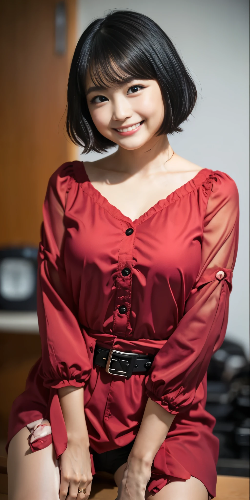(8k、Raw photography、Highest quality、masterpiece:1.2),(Black Hair、Dark Eyes:1.9),(:1.6)、View your audience,Viewed from the front,White skin,(:1.4)、(Tight waist:1.6)、(Clothes that accentuate the shape of the breasts:1.0)、(Big Breasts :1.3)、Slim figure、Ultra-high resolution,beautiful,beautiful fece,(One person、No background:1.9),whole bodyボディー,Japanese women,(reality的:1.37)、Photon Mapping,reality、(Baby-faced and cute: 1.4)、(Cute Smile: 1.8)、(Round face: 1.8)、Radio City、Physically Based Rendering、Depth of field rally background、photograph, (I can see your knees、Thigh close-up:1.8),(:1.6),whole body、Great quality