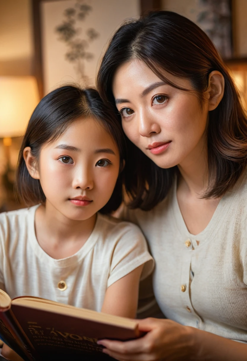 a detailed portrait of a 40 year old japanese mother and her daughter learning together in the living room, beautiful detailed eyes, beautiful detailed lips, extremely detailed eyes and face, long eyelashes, warm lighting, cozy interior, photorealistic, highly detailed, masterpiece, 8k, ultra-detailed, realistic, photo-realistic, hdr, vivid colors, natural lighting, mother and daughter, teaching, learning, books, indoor, living room, comfortable, peaceful, calming, relaxing, family bonding