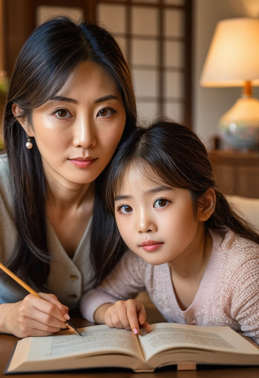 a detailed portrait of a 40 year old japanese mother and her daughter learning together in the living room, beautiful detailed eyes, beautiful detailed lips, extremely detailed eyes and face, long eyelashes, warm lighting, cozy interior, photorealistic, highly detailed, masterpiece, 8k, ultra-detailed, realistic, photo-realistic, hdr, vivid colors, natural lighting, mother and daughter, teaching, learning, books, indoor, living room, comfortable, peaceful, calming, relaxing, family bonding