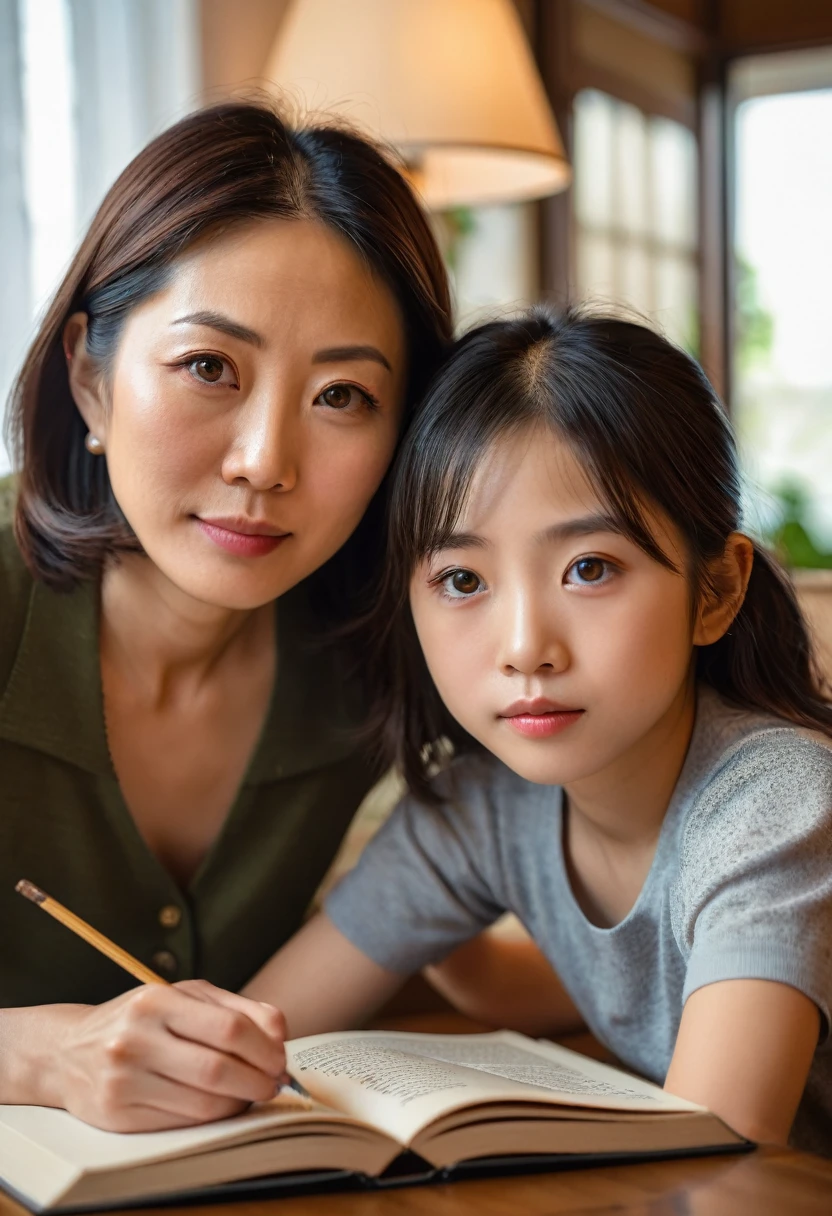 a detailed portrait of a 40 year old japanese mother and her daughter learning together in the living room, beautiful detailed eyes, beautiful detailed lips, extremely detailed eyes and face, long eyelashes, warm lighting, cozy interior, photorealistic, highly detailed, masterpiece, 8k, ultra-detailed, realistic, photo-realistic, hdr, vivid colors, natural lighting, mother and daughter, teaching, learning, books, indoor, living room, comfortable, peaceful, calming, relaxing, family bonding