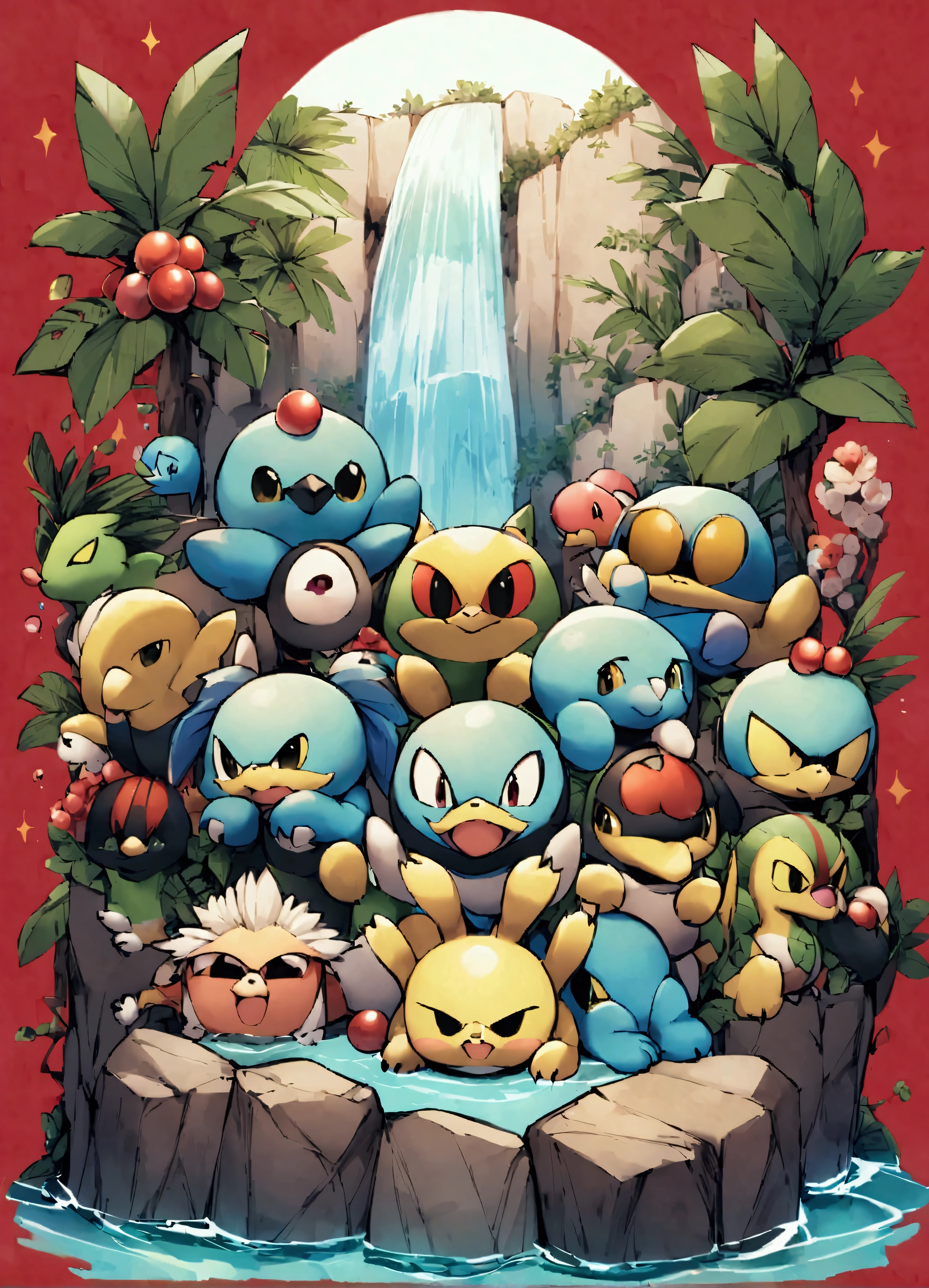 score_9、score_8_up、score_7_up、score_6_up、source_furry、sover Background、waterfall、Depth of written boundary、Full body portrait、Golduck、Pokémon (Living things)、Webbed feet、青いGolduck、光沢のあるGolduck、Webbed claws、beaks、Action Pose、Water splash effect on background、Laser beam from red pearl on forehead、Angry expression、Closed Mouth、