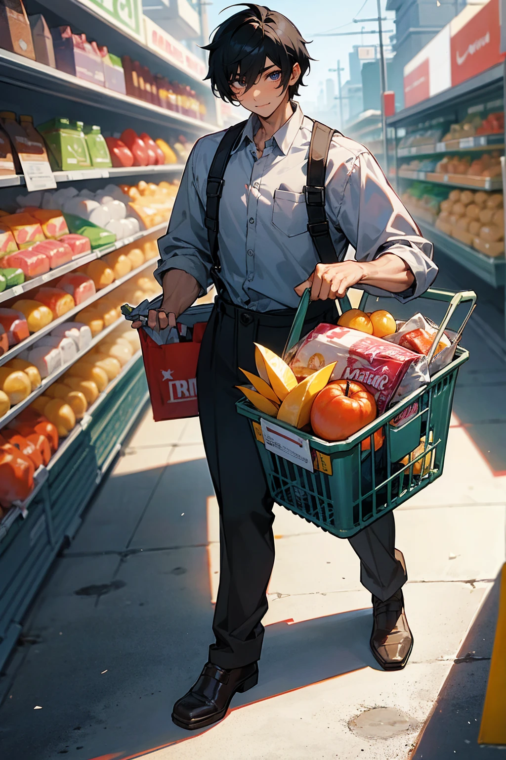 Masterpiece Quality, Perfect Generation, Sclera, Detailed Eyes, Skin, Hair, Muscular, Clothing, Excited Expression, , grocery store Background, Full Body, Skin, , , , facing viewer, Standing Outside, Clothed, , Eyes, hair, , hair, hair, , Background, , U , Male, , , grocery store worker, , , Store Clerk clothing, , strong, muscular, Black hair, baggy eyes, , , Faded Super Short Hair, Scar