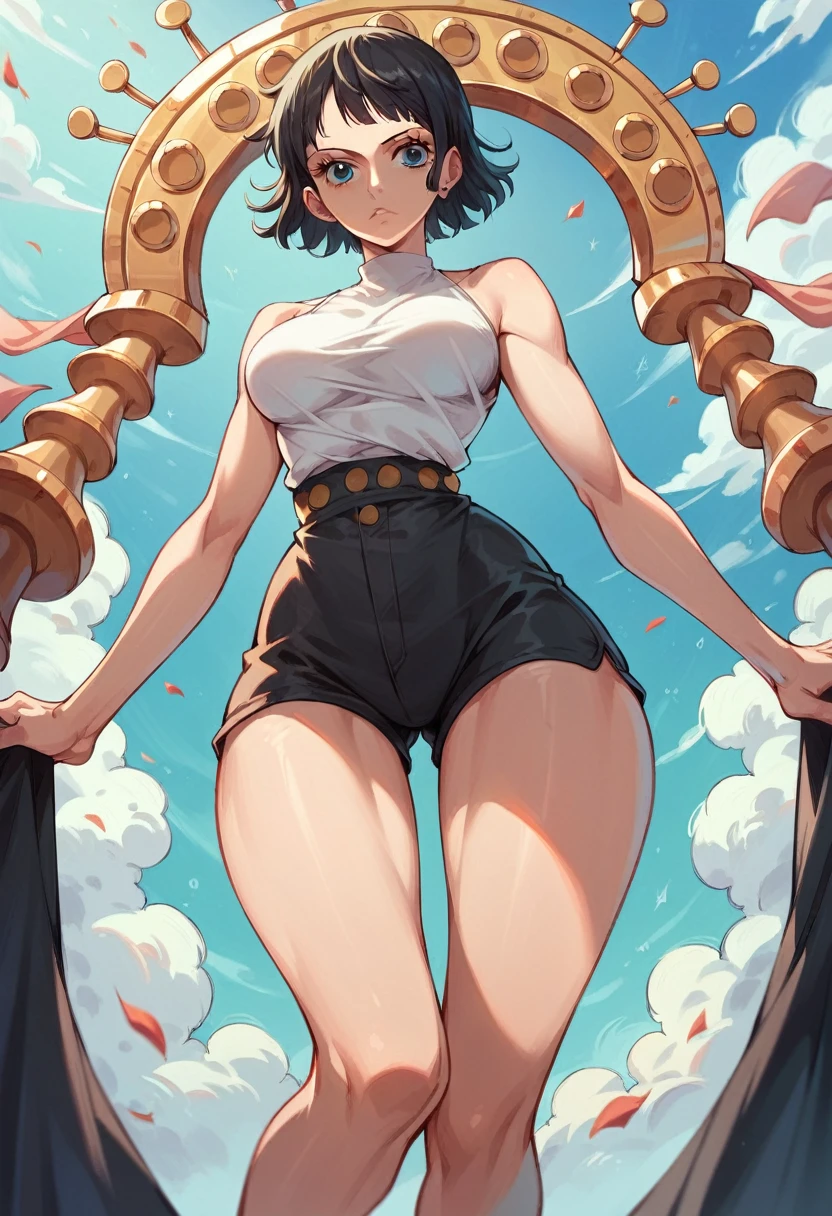 1 girl, short black hair , blue eyes, beautiful, light skin color , wide shoulders, thin waist, medium breasts, defined thighs, thin, defined lean , showing abs ,wide hips, medium ass, one piece style, black shorts, white shirt, one piece