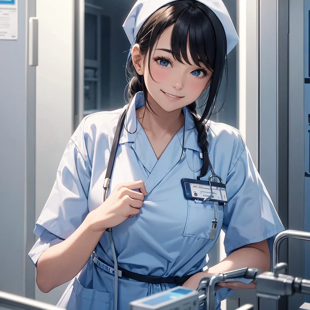 (A modern operating room with dazzling blue LED lighting), ((a very nice nurse undressed in the operating room with many nursing assistants)). (Wearing white silk nurse uniform.: 1.5). 40k, Photos, Masterpiece, Superior quality, (Beautiful hair). Beautiful Japanese woman with soft breasts and light skin., Various poses. ((Big: 1.2)), ((very soft breasts)), Super detailed face, detailed eyes, (she is wet). shot in the chest, blush, ashamed.