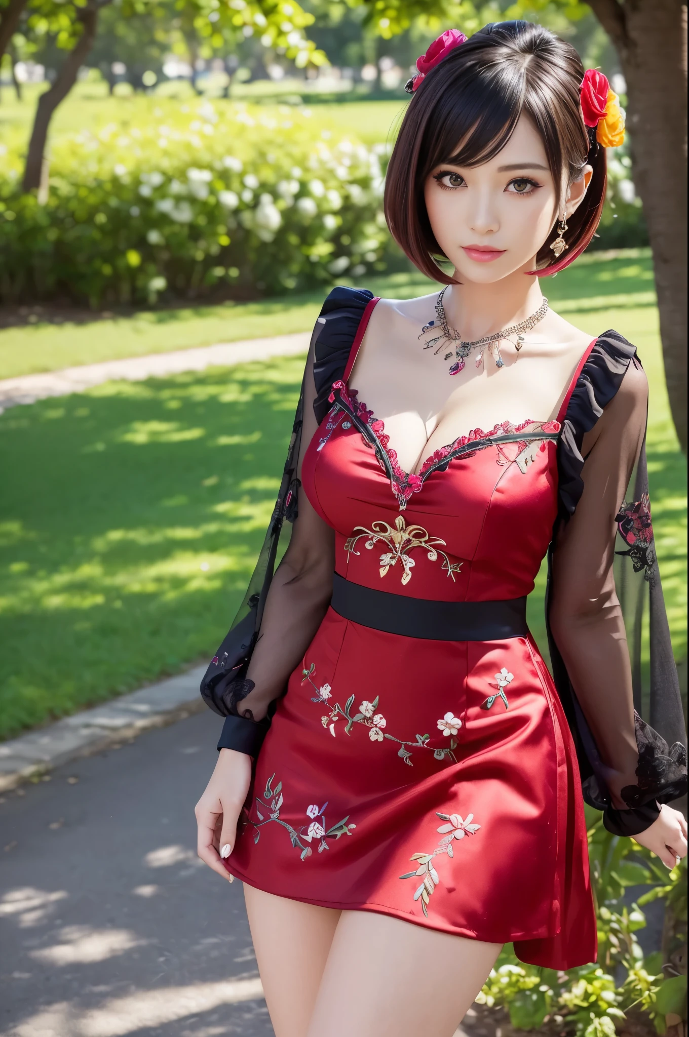 (masterpiece:1.4), (best quality:1.4), ultra high res, ultra high resolution, ((detailed facial features)), HDR, (realistic, photorealistic, photo-realistic:1.37), full body Esbian, sexy Japanese model, (-anime), only 1 model, vivid colors, ((vivid colors multicolor very short hair)), (beautiful smile), lip-gloss, long lashes, defined eyebrows, wearing large sparkling colorful jewelery, wearing a red silk Paradise Kiss cosplay dress with black floral embroidery, ((vivid colors outfit)), vivid colors, look at the camera, cinematic light, large park background with trees, sweet and sexy pose