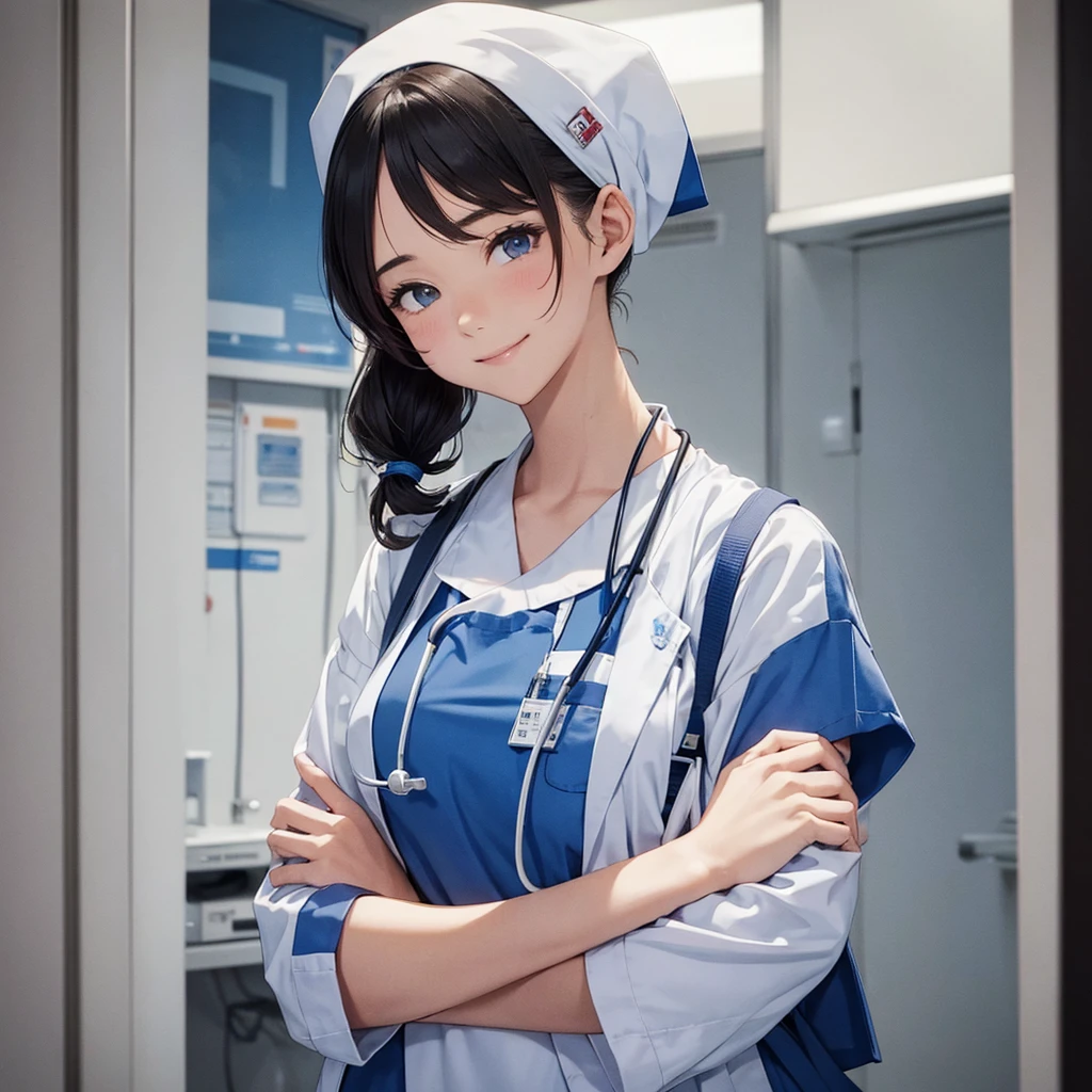 nursing aide,one girl,solo,blue or white scrubs,not wearing a hat or cap, frame it up to the top of the head, The top of my head doesn't come out of the frame,Facing forward,smile,technology