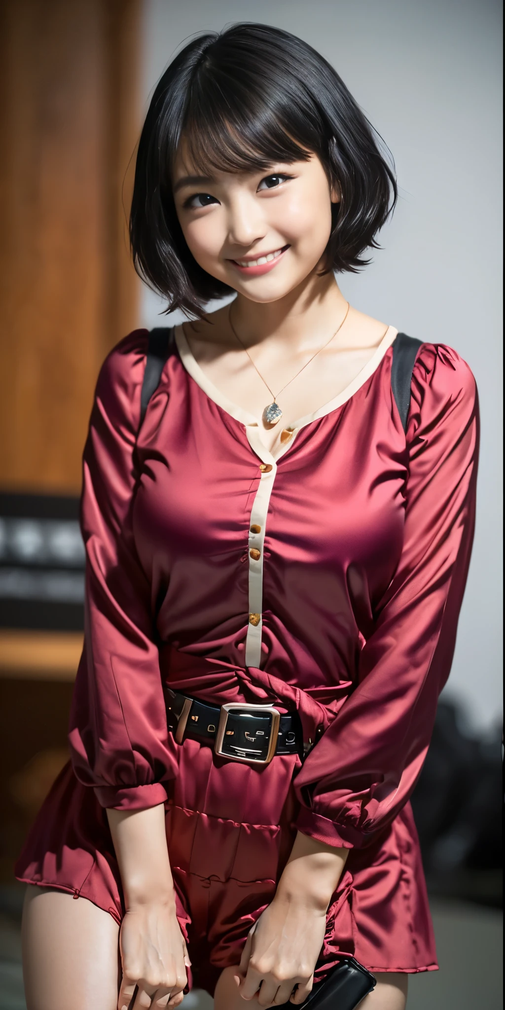 （8k、Raw photography、Highest quality、masterpiece：1.2),(Black Hair、Dark Eyes:1.9),(:1.6)、View your audience,Viewed from the front,White skin,(:1.4)、(Tight waist:1.6)、(Clothes that accentuate the shape of the breasts:1.0)、(Big Breasts :1.3)、Slim figure、Ultra-high resolution,beautiful,beautiful fece,(One person、No background:1.9),whole bodyボディー,Japanese women,（reality的：1.37）、Photon Mapping,reality、(Baby-faced and cute: 1.4)、(Cute Smile: 1.8)、(Round face: 1.8)、Radio City、Physically Based Rendering、Depth of field rally background、photograph, (I can see your knees、Thigh close-up:1.8),（:1.6）,whole body、Great quality