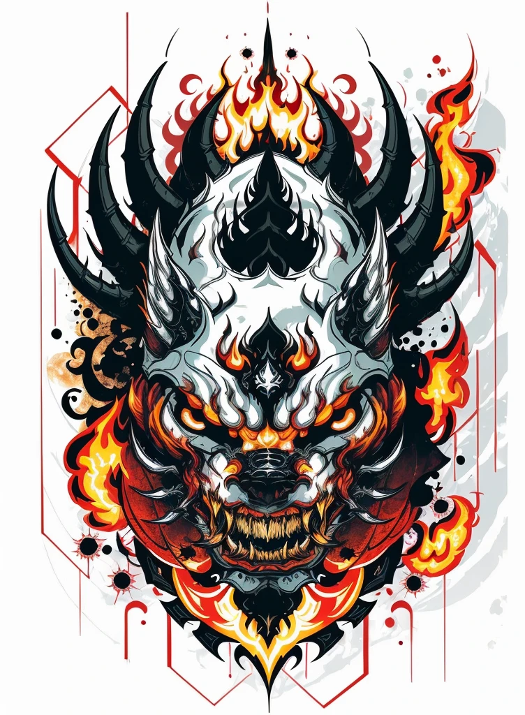 Fire Flame Effect Fine Tattooed White Background Rich in color，The armored demon opened its mouth and roared ，The special effects of demons colorful ghosts and fires create a logo，tmasterpiece