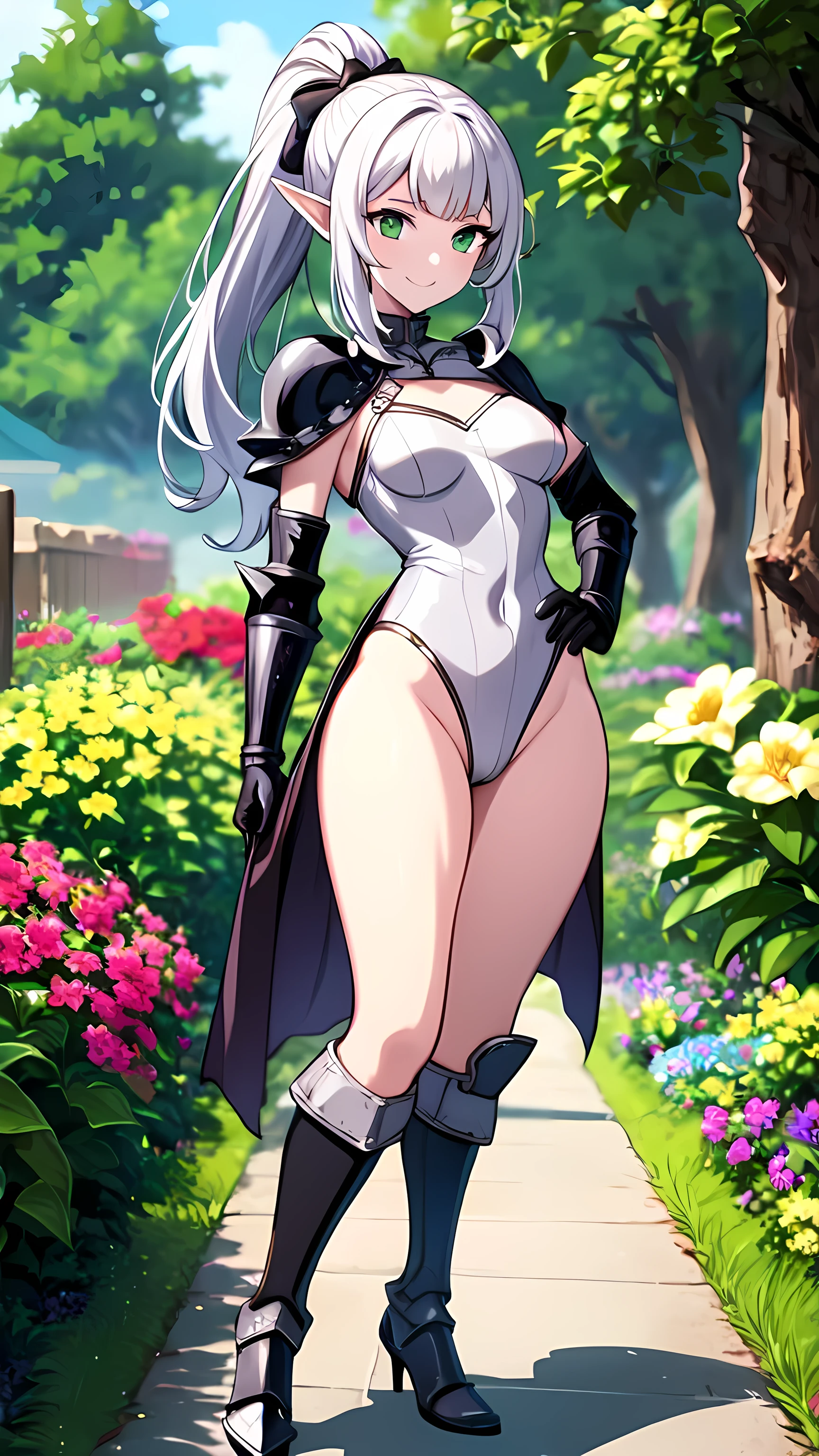Masterpiece, 1elf woman, pointy ears, perfect face, smile, green eyes, gentle look, ponytail hair, silver hair, perfect body, medium , pale skin, {sexy white leotard, leather belt}, shoulder pads, {black armored gloves}, {black armored boots}, (waist cape), flower garden, day, standing, full body, Granblue Fantasy style