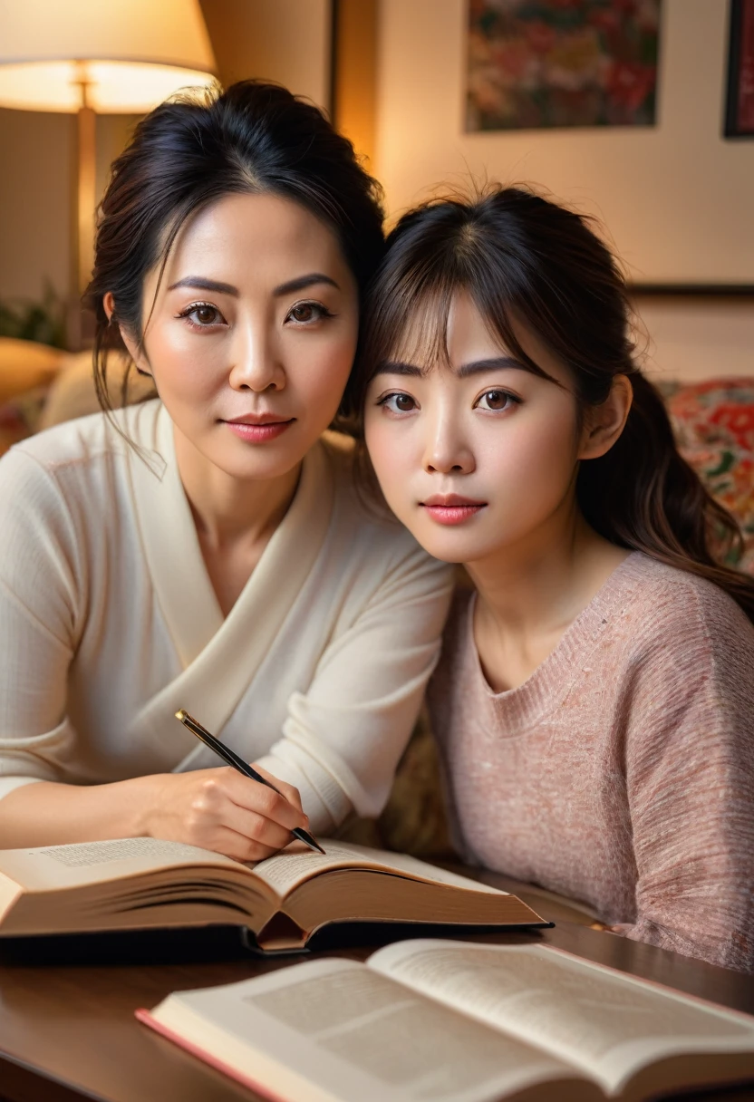 a detailed portrait of a 40 year old japanese mother and her daughter learning together in the living room, beautiful detailed eyes, beautiful detailed lips, extremely detailed eyes and face, long eyelashes, warm lighting, cozy interior, photorealistic, highly detailed, masterpiece, 8k, ultra-detailed, realistic, photo-realistic, hdr, vivid colors, natural lighting, mother and daughter, teaching, learning, books, indoor, living room, comfortable, peaceful, calming, relaxing, family bonding