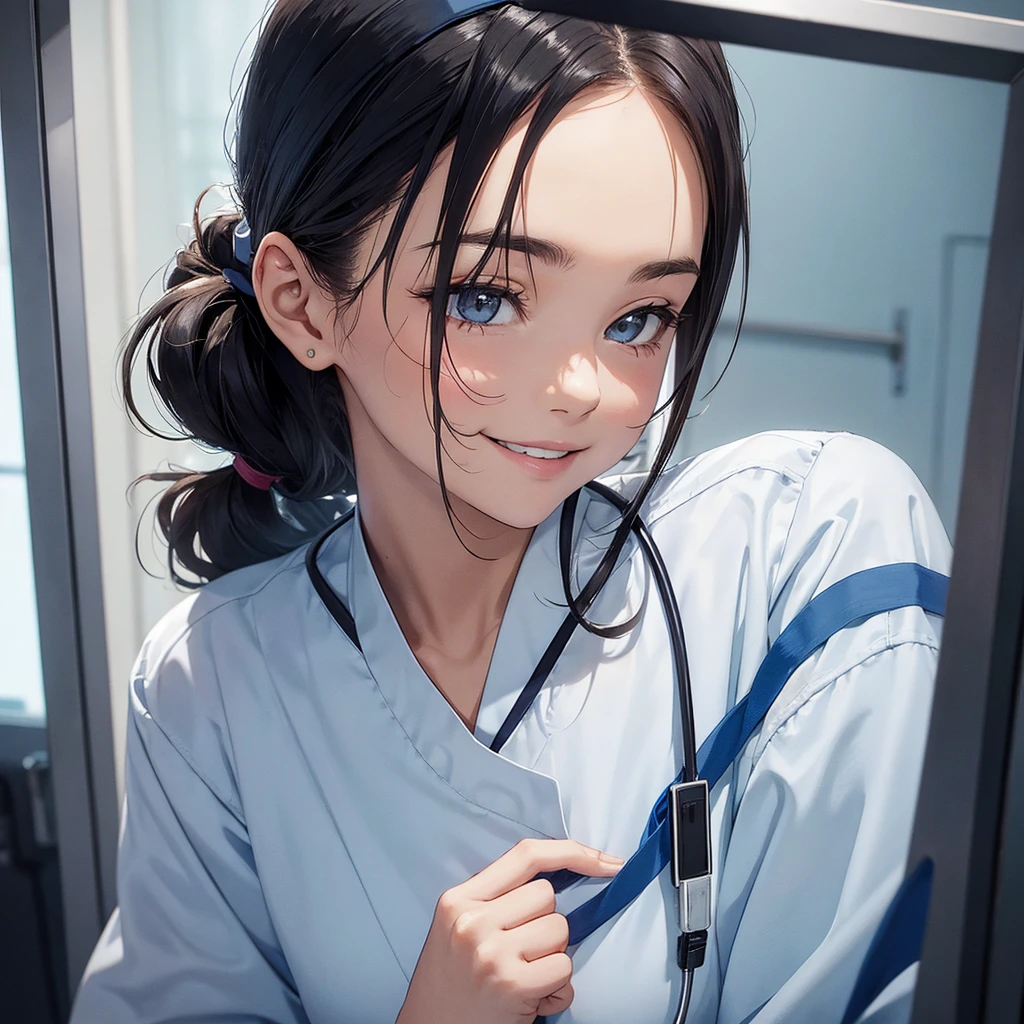 nursing aide,one girl,solo,blue or white scrubs,not wearing a hat or cap, frame it up to the top of the head, The top of my head doesn't come out of the frame,Facing forward,smile,technology