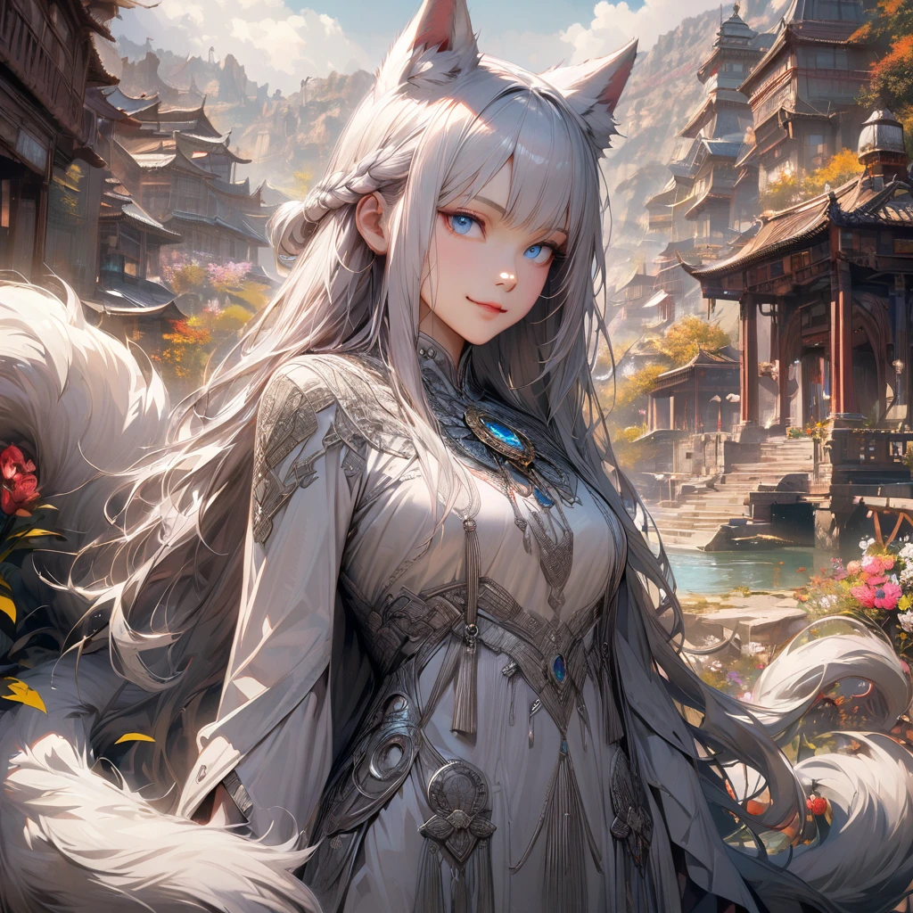 [Best quality, shaded, extreme detail, Highly detailed, Ultra detailed, intricate, Realistic, full view, detailed landscape], wolf woman, wolf girl, full fur, silver fur, full tail, silver tailed silver hair, straight hair, hair with braid, a brooch in the hair, flower motif brooch, almond-shaped eyes, blue eyes, discreet smile, soothing look, goddess clothing