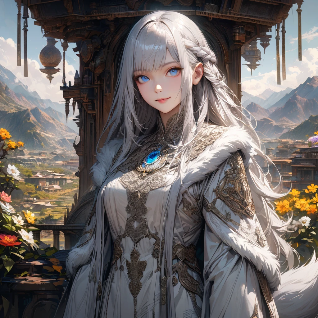 [Best quality, shaded, extreme detail, Highly detailed, Ultra detailed, intricate, Realistic, full view, detailed landscape], wolf woman, wolf girl, full fur, silver fur, full tail, silver tailed silver hair, straight hair, hair with braid, a brooch in the hair, flower motif brooch, almond-shaped eyes, blue eyes, discreet smile, soothing look, goddess clothing