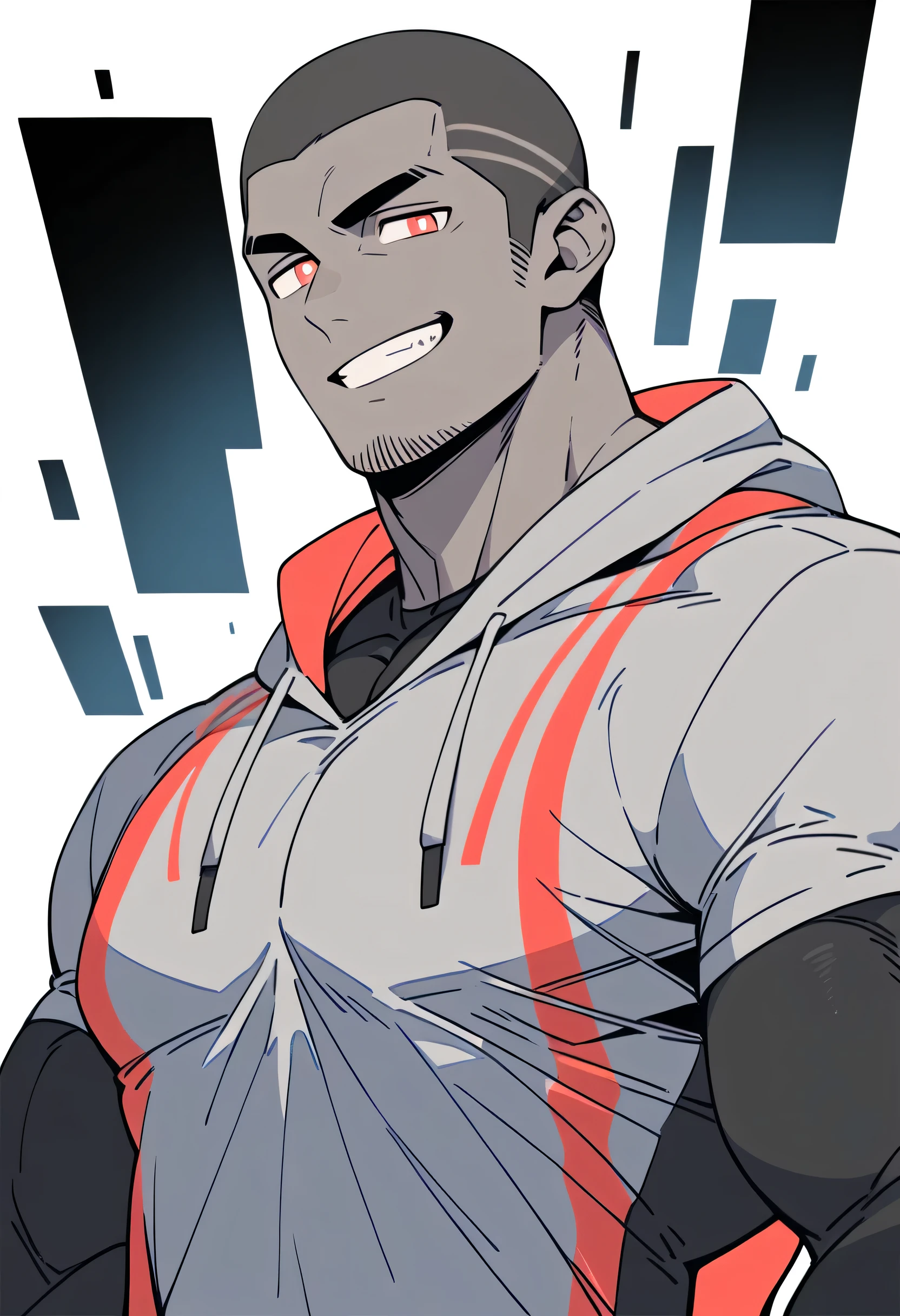 anime characters：Priapus, Black Black Skin Muscle Sports Student, Buzz Cut，Manliness, male focus, Sports tight hooded sweatshirt, Under Armour Brand, Wear a high-necked tights underneath, Very tight, Huge pectoral muscles, muscular male, muscular, Perfect muscular waist, only, Upper body, alone, Red short hair, Thick eyebrows, stubble, Brown-red pupils, White background, Solid color background, Clean background, simple background, amazing quality, best aesthetics, Ridiculous, crew cut, smirk, bright pupils, grin, negative space, negative space, best quality